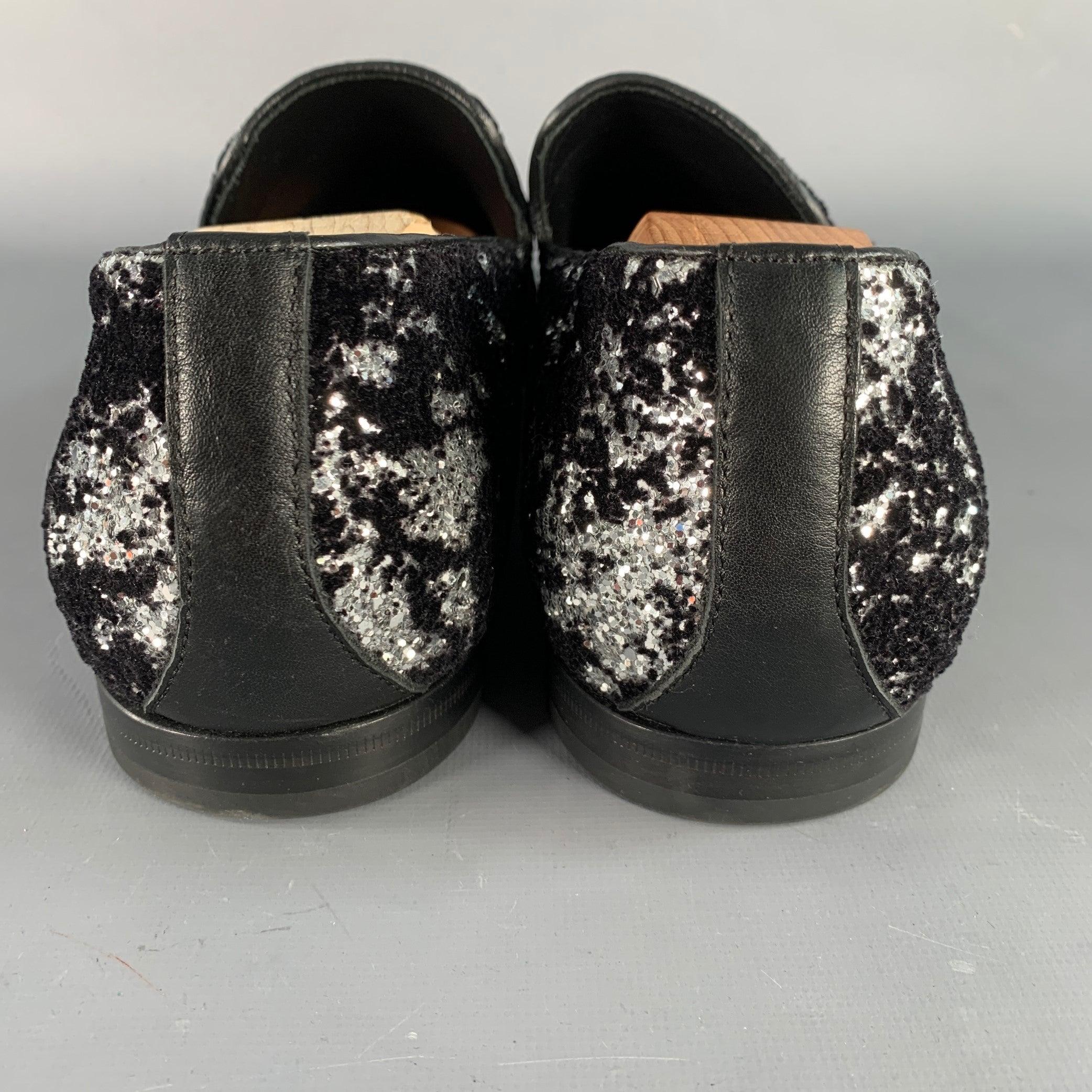 Noir JIMMY CHOO Size 11 Velvet Glitter Devore Sloan Black Silver Slip On Loafers en vente