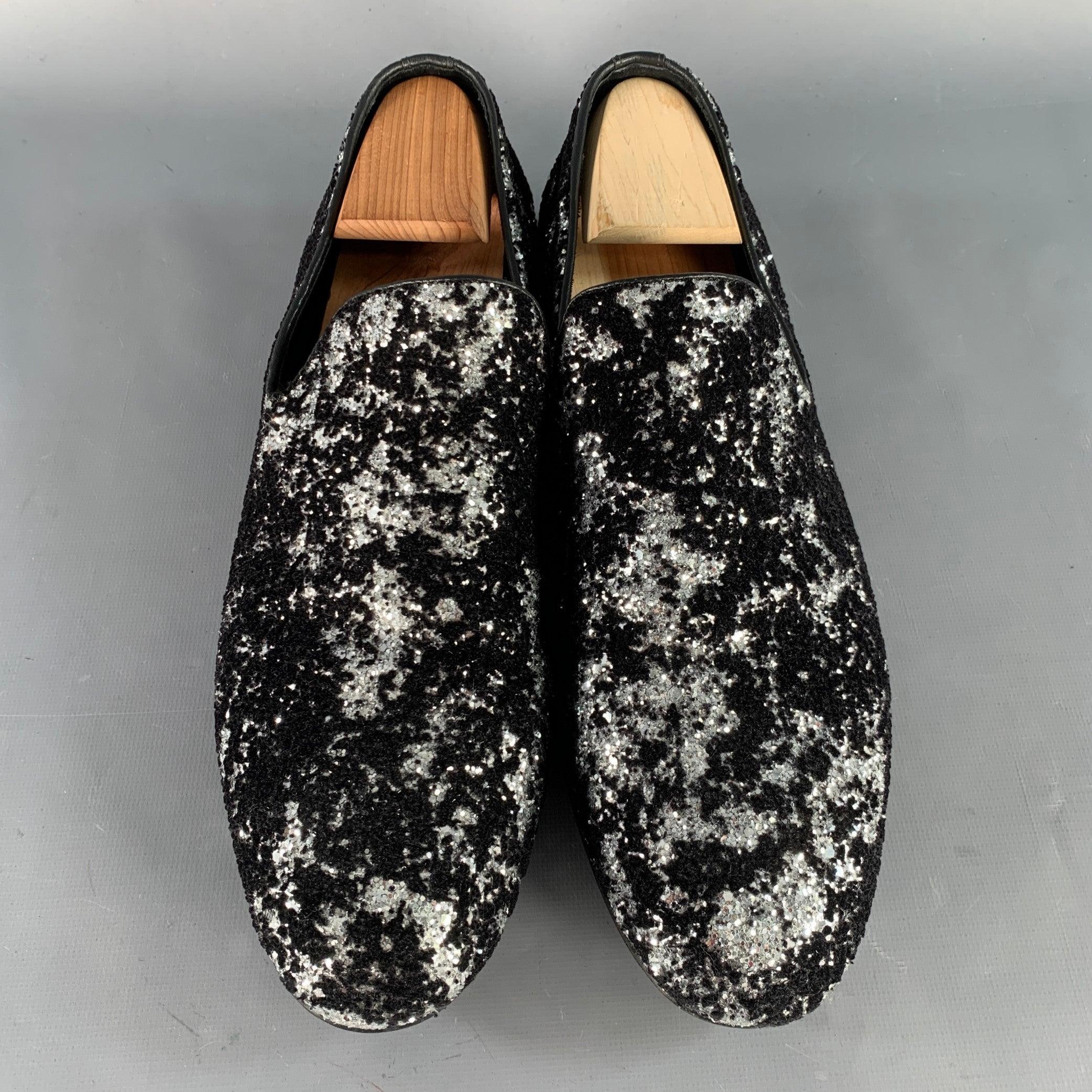 JIMMY CHOO Size 11 Velvet Glitter Devore Sloan Black Silver Slip On Loafers Excellent état - En vente à San Francisco, CA