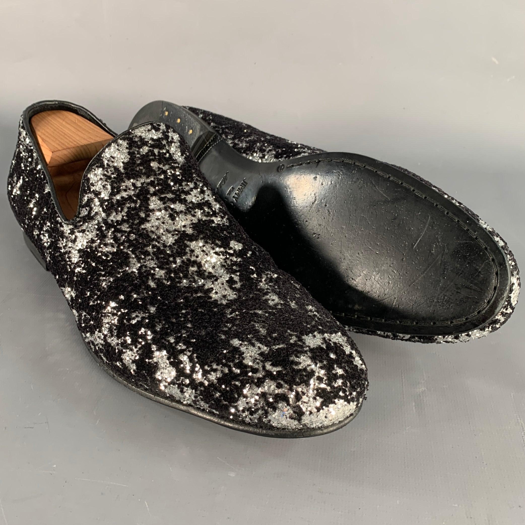 JIMMY CHOO Size 11 Velvet Glitter Devore Sloan Black Silver Slip On Loafers Pour hommes en vente