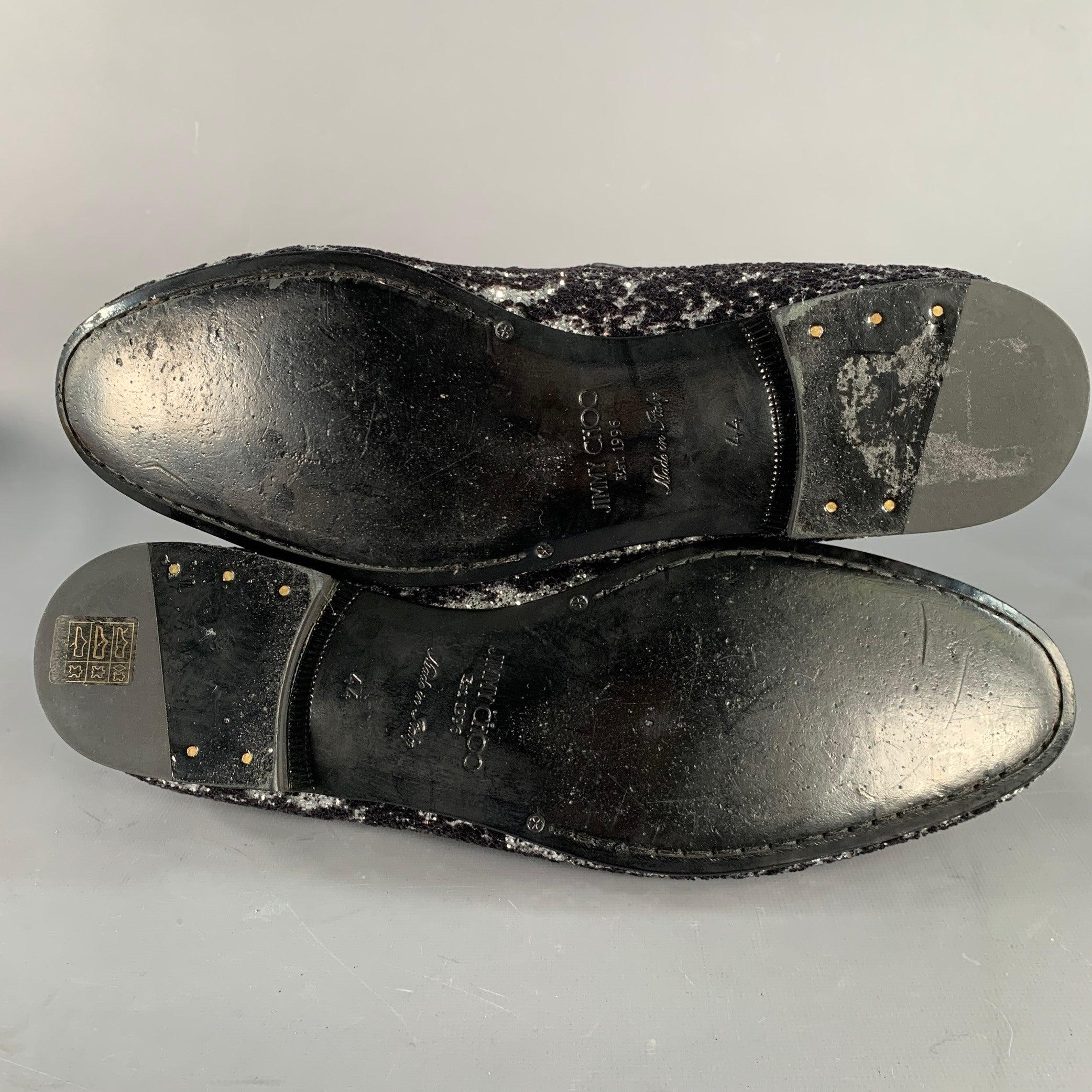 JIMMY CHOO Size 11 Velvet Glitter Devore Sloan Black Silver Slip On Loafers en vente 1