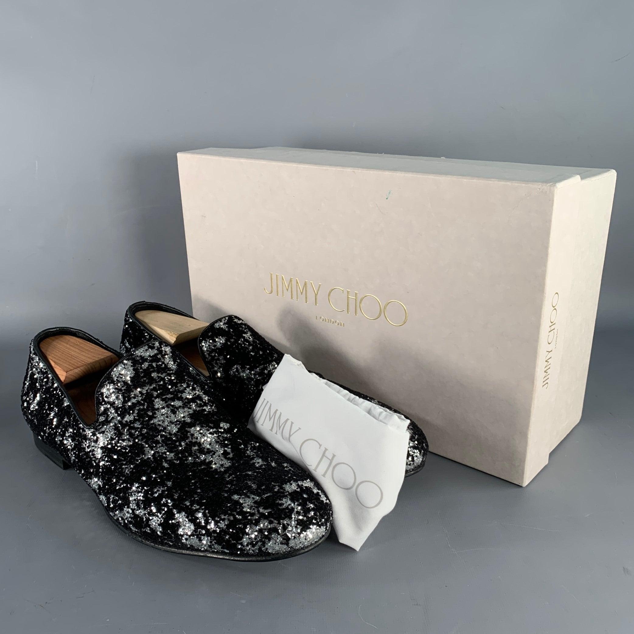 JIMMY CHOO Size 11 Velvet Glitter Devore Sloan Black Silver Slip On Loafers en vente 4