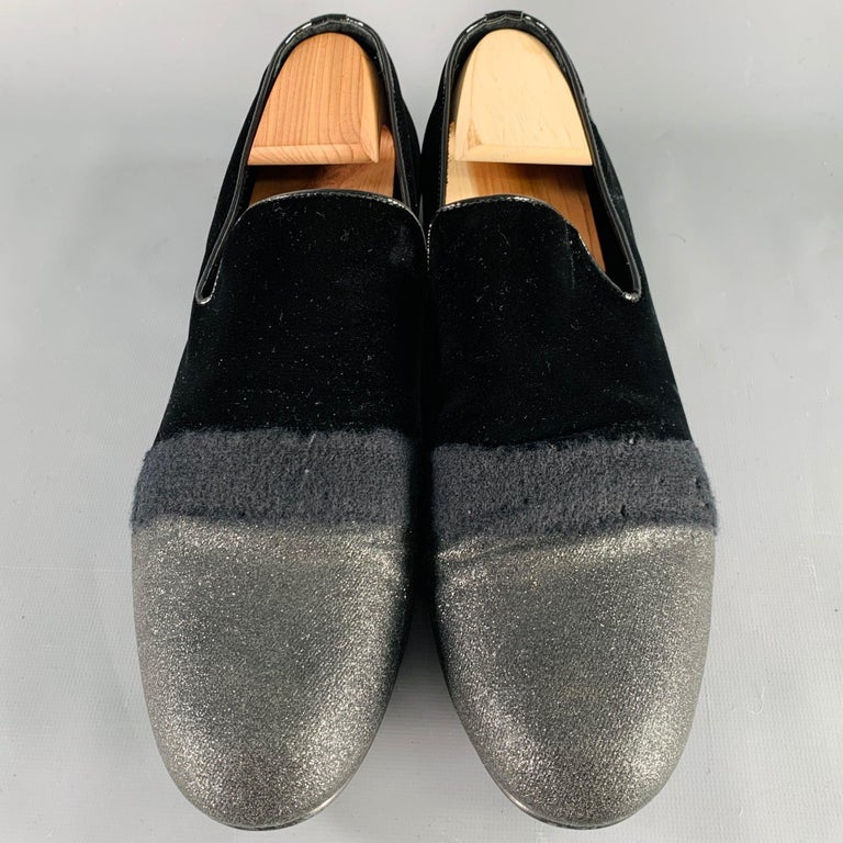JIMMY CHOO Size 11.5 Black Grey Glitter Velvet Loafers For  display picture 2