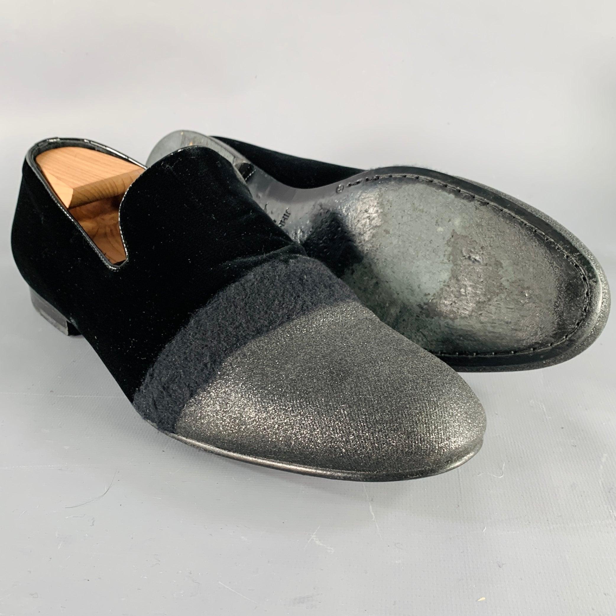 JIMMY CHOO Size 11.5 Black Grey Glitter Velvet Loafers For Sale 1