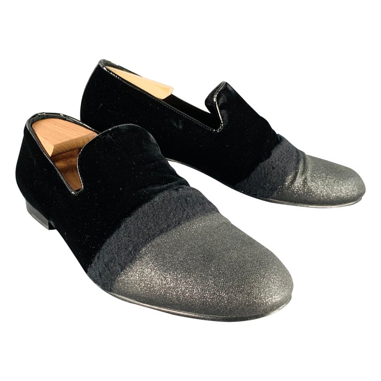 JIMMY CHOO Size 11.5 Black Grey Glitter Velvet Loafers For  display picture 1