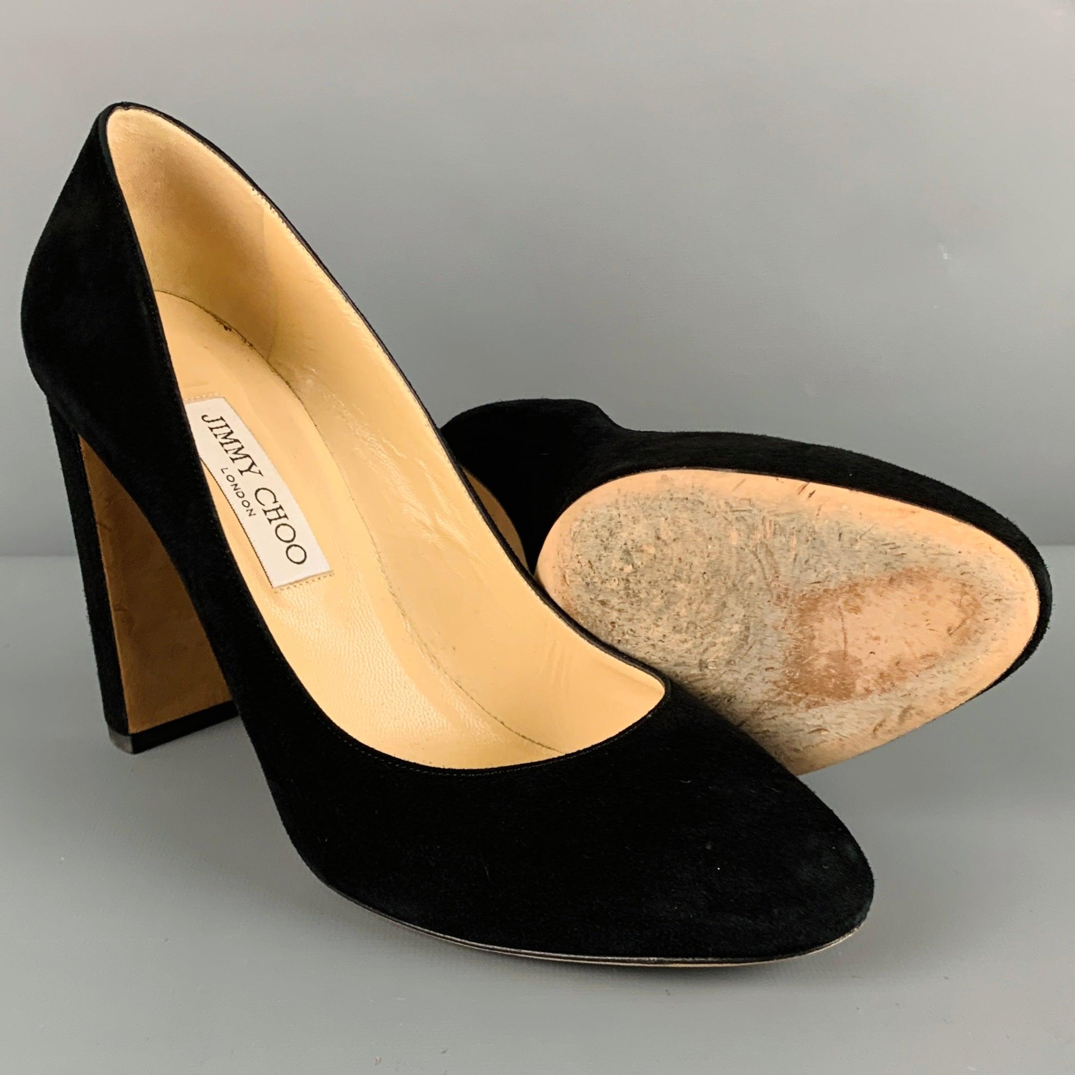 JIMMY CHOO Size 11.5 Black Suede Chunky Heel Pumps For Sale 1