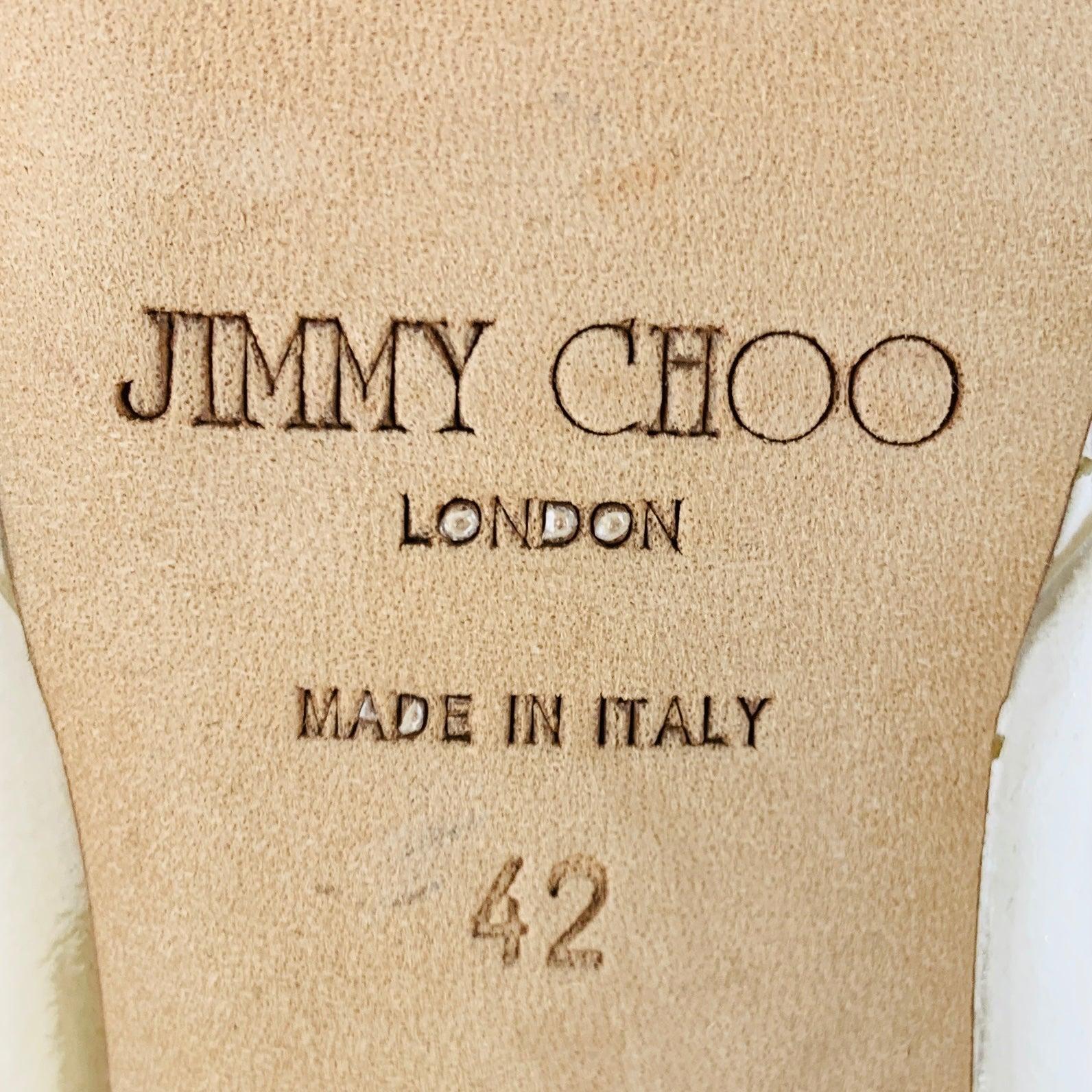 JIMMY CHOO Size 12 Beige Patent Leather Platform Pumps For Sale 4