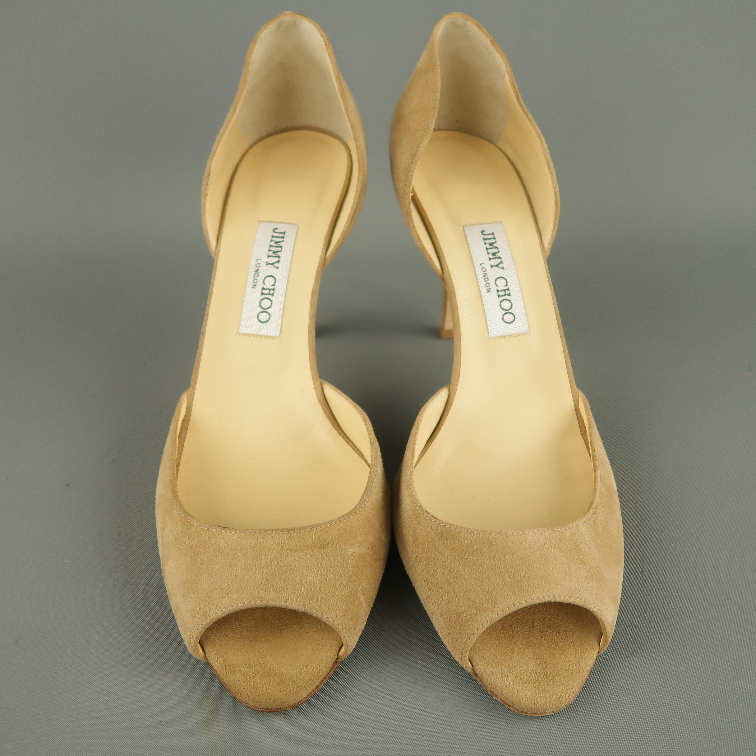 Women's JIMMY CHOO Size 12 Tan Beige Leather Cutout Toe Pointed Pumps