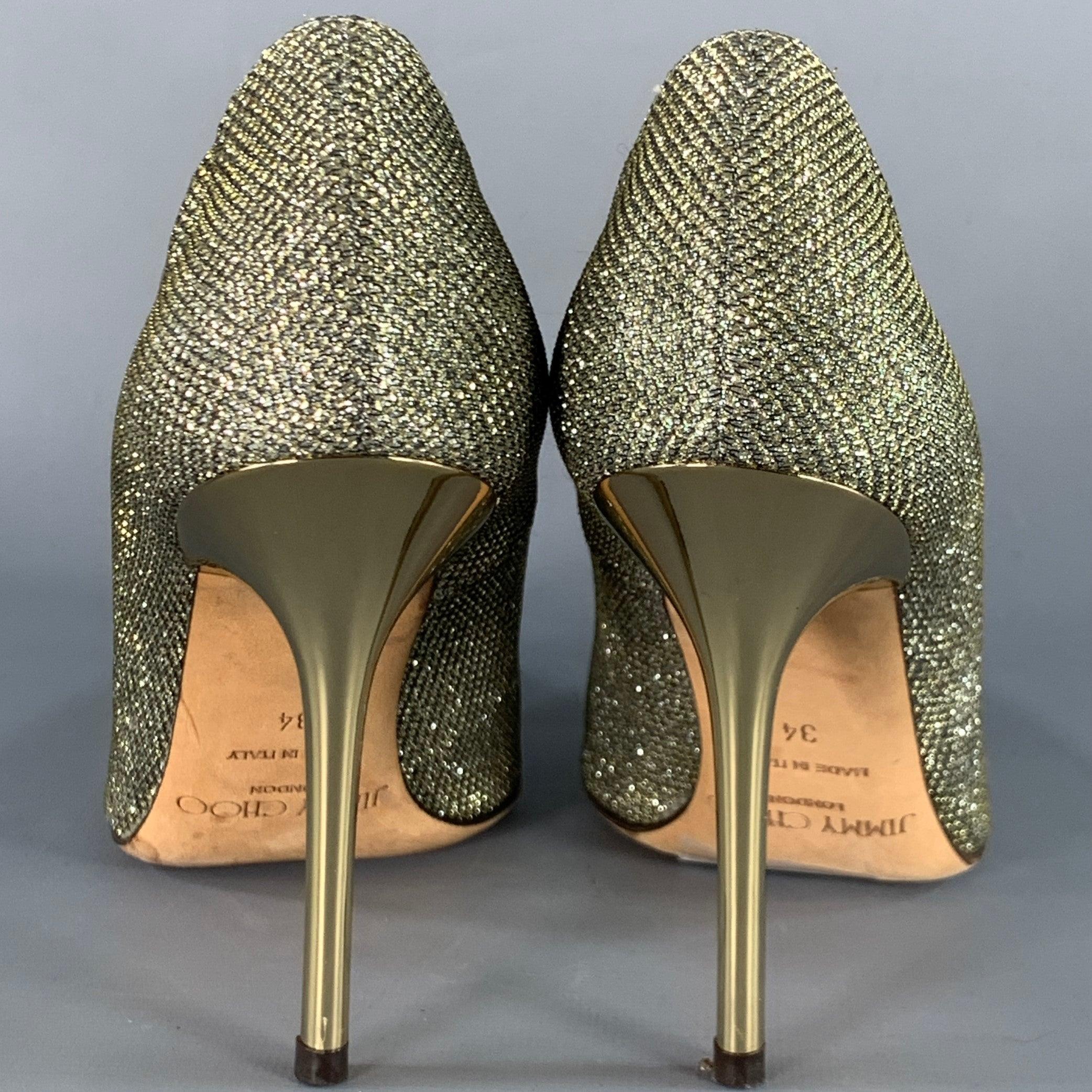 Brown JIMMY CHOO Size 4 Gold Glitter Pointed Toe Stiletto Pumps For Sale