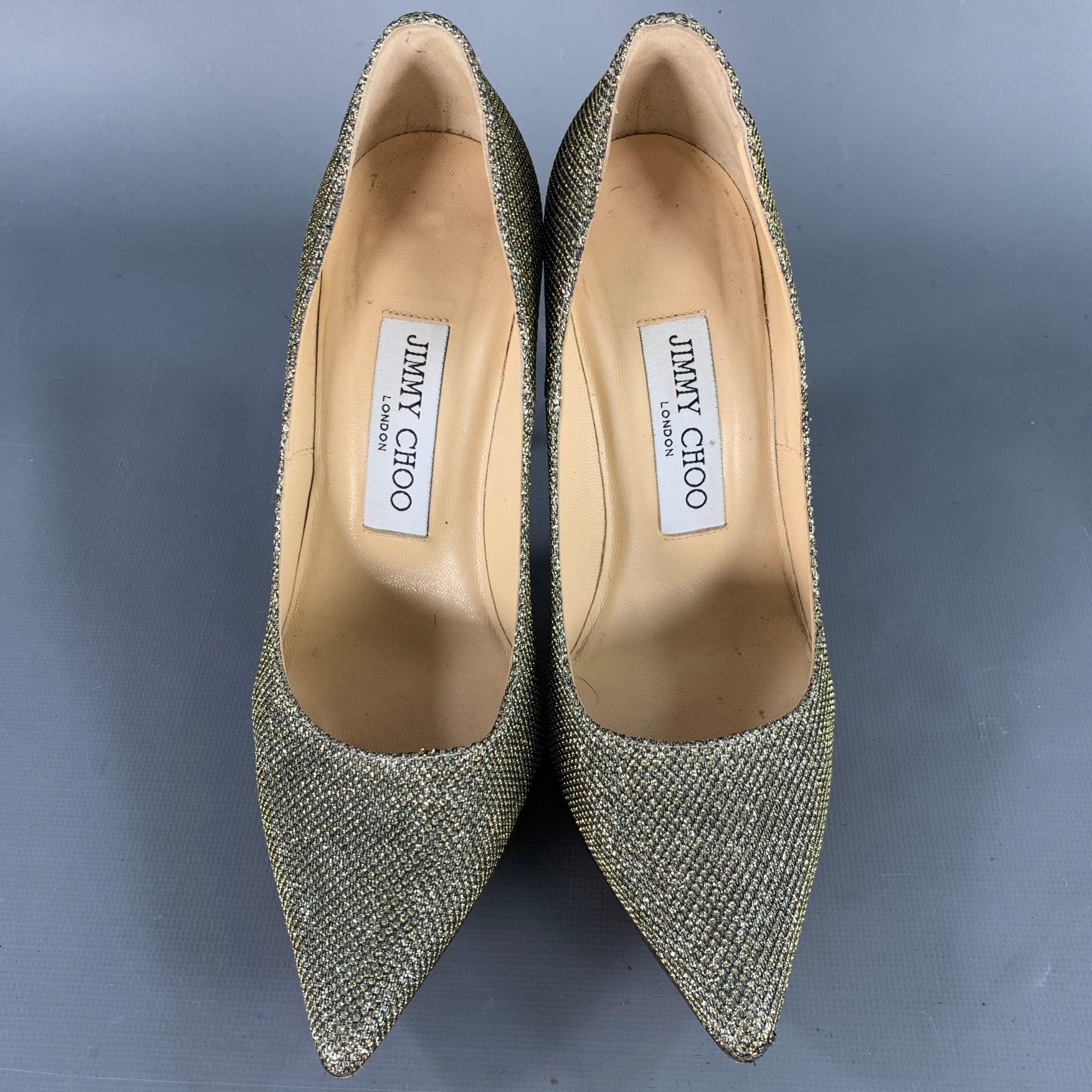 JIMMY CHOO Size 4 Gold Glitter Pointed Toe Stiletto Pumps In Good Condition For Sale In San Francisco, CA
