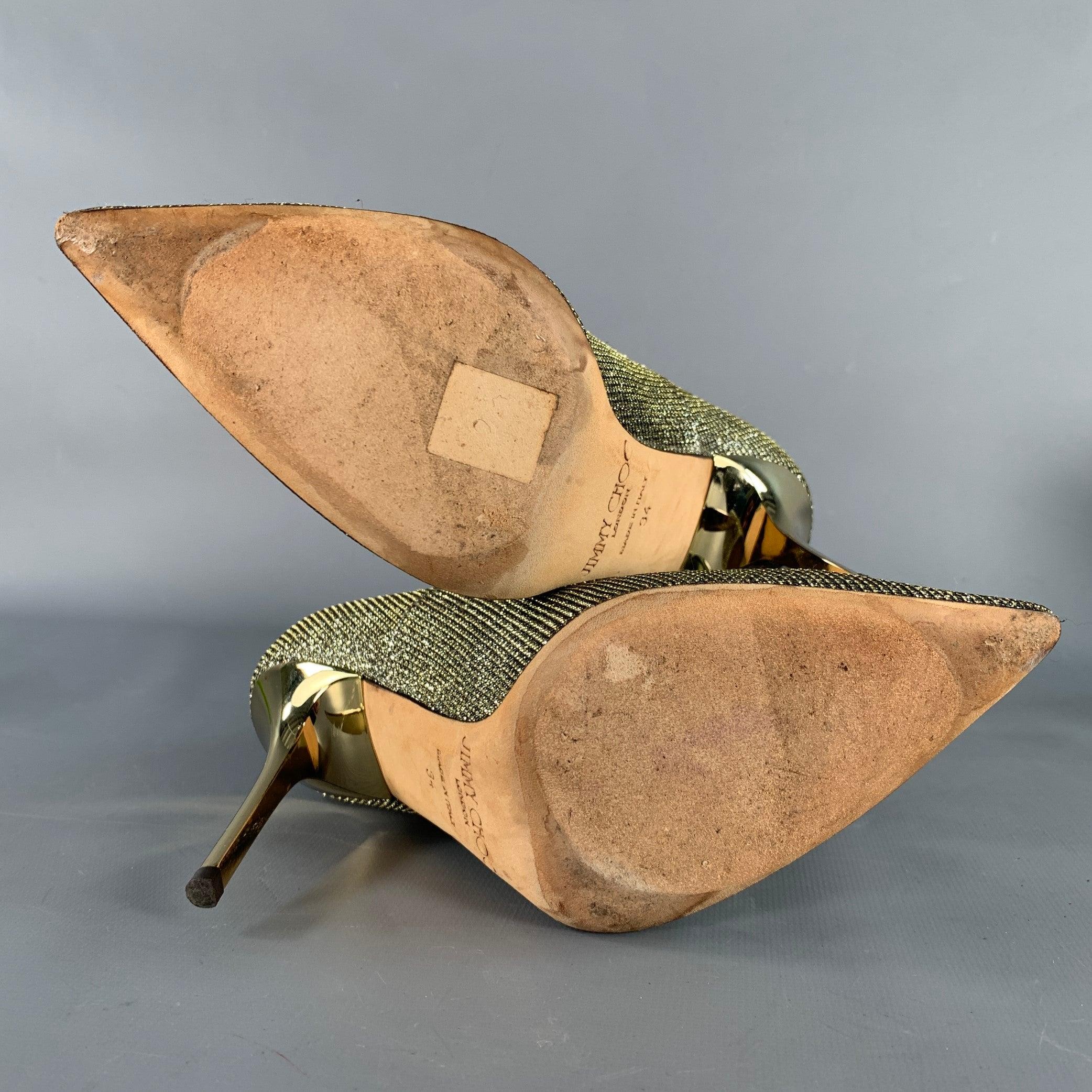 JIMMY CHOO Size 4 Gold Glitter Pointed Toe Stiletto Pumps For Sale 1