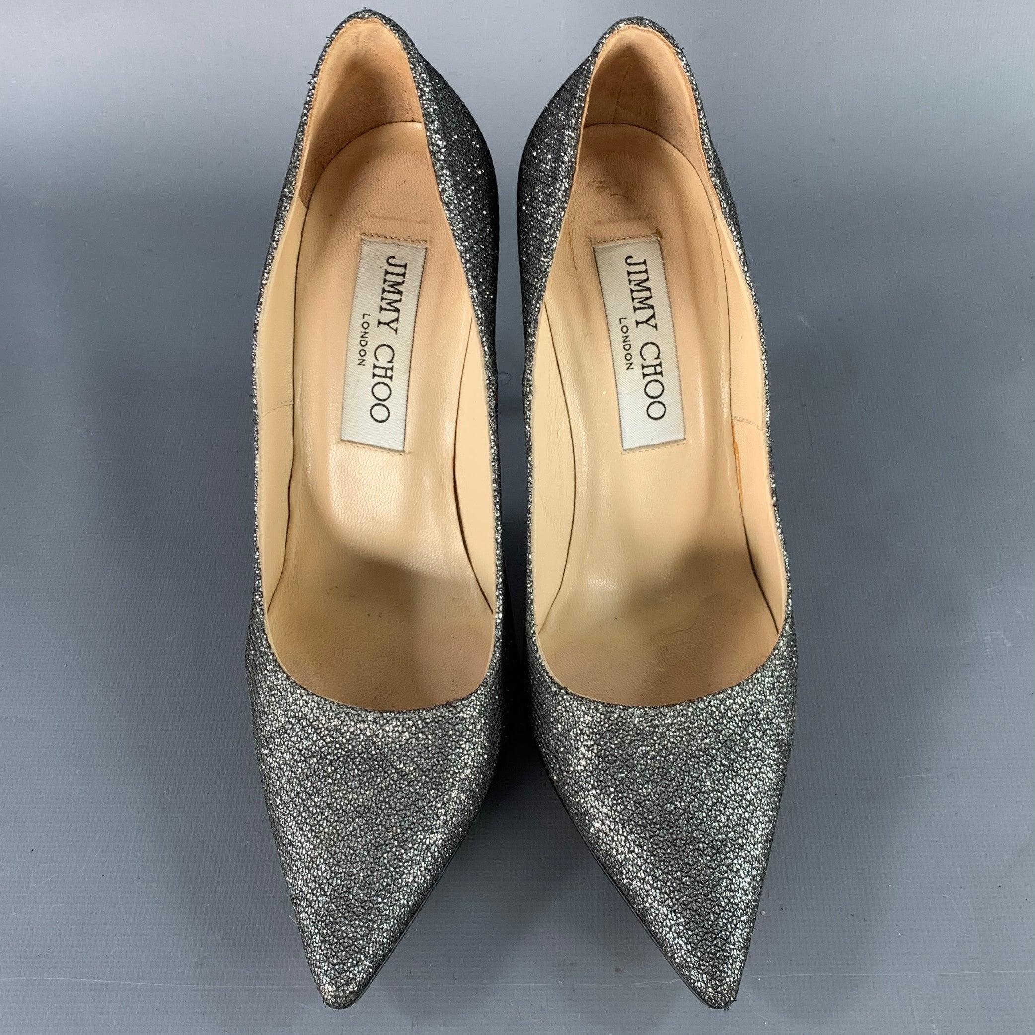 JIMMY CHOO Size 4 Silver Glitter Pointed Toe Stiletto Pumps In Good Condition For Sale In San Francisco, CA