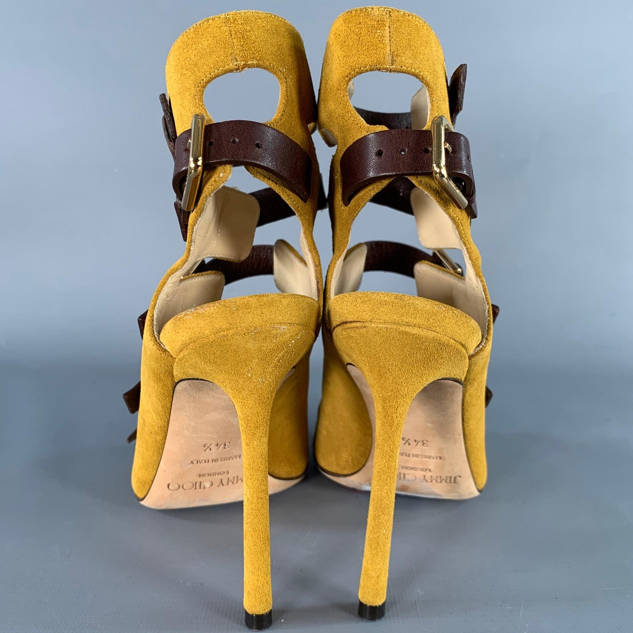 JIMMY Choo Taglia 4,5 Giallo Marrone Stivali con Fibbia a Spillo in Pelle Scamosciata In condizioni buone in vendita a San Francisco, CA