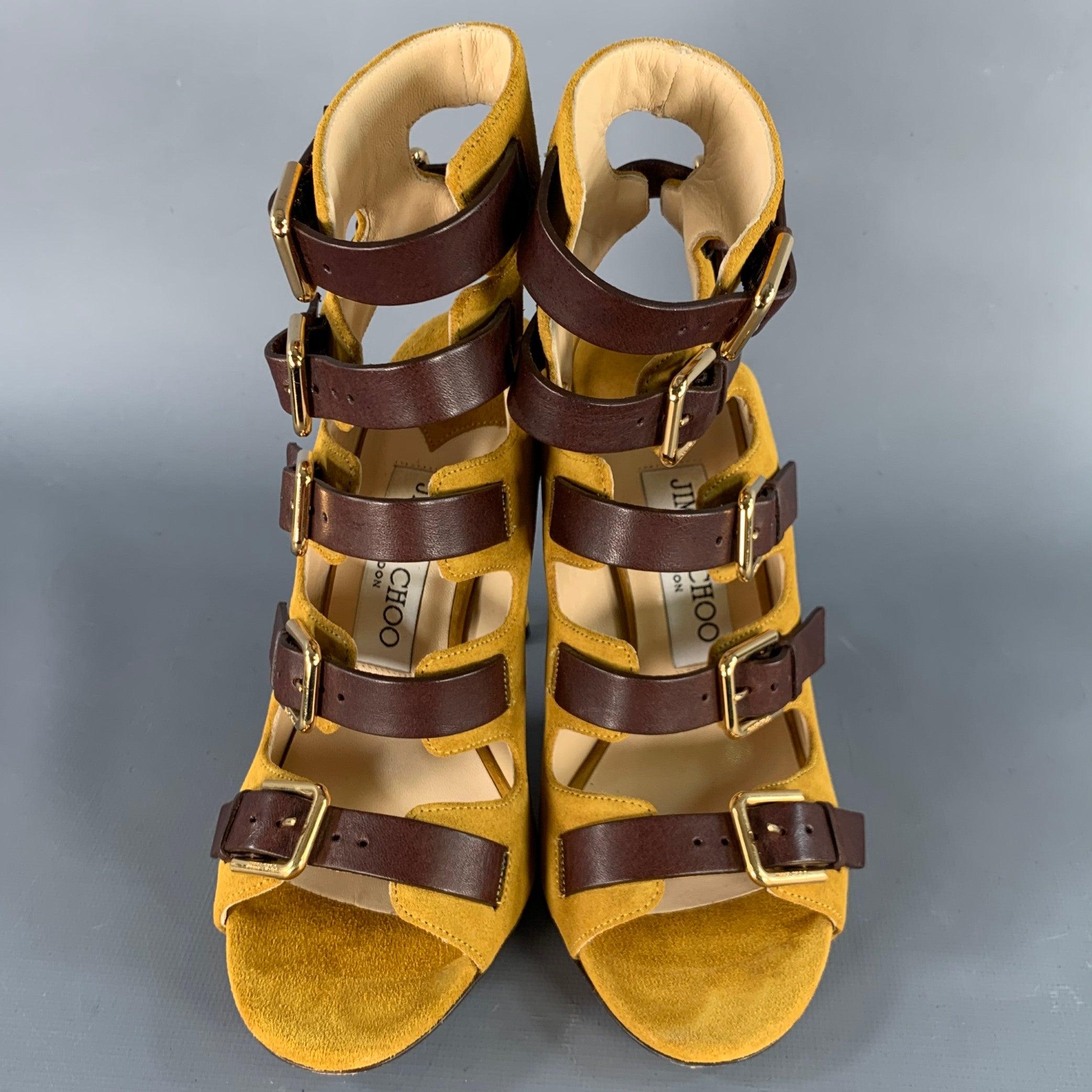 Donna JIMMY Choo Taglia 4,5 Giallo Marrone Stivali con Fibbia a Spillo in Pelle Scamosciata in vendita
