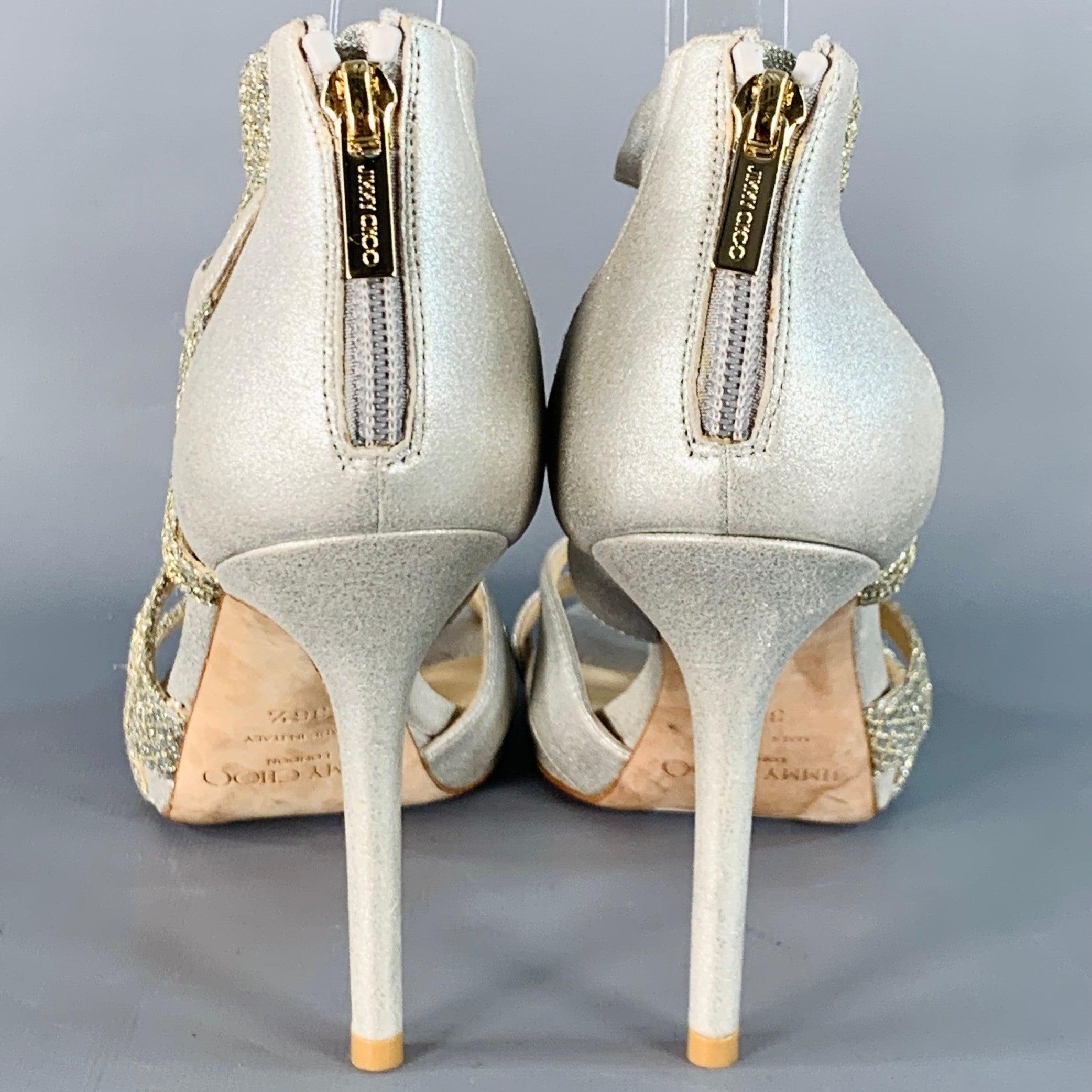 Beige Jimmy Choo Size 6.5 Grey Silver Glittery Leather Platform Stiletto Sandals en vente