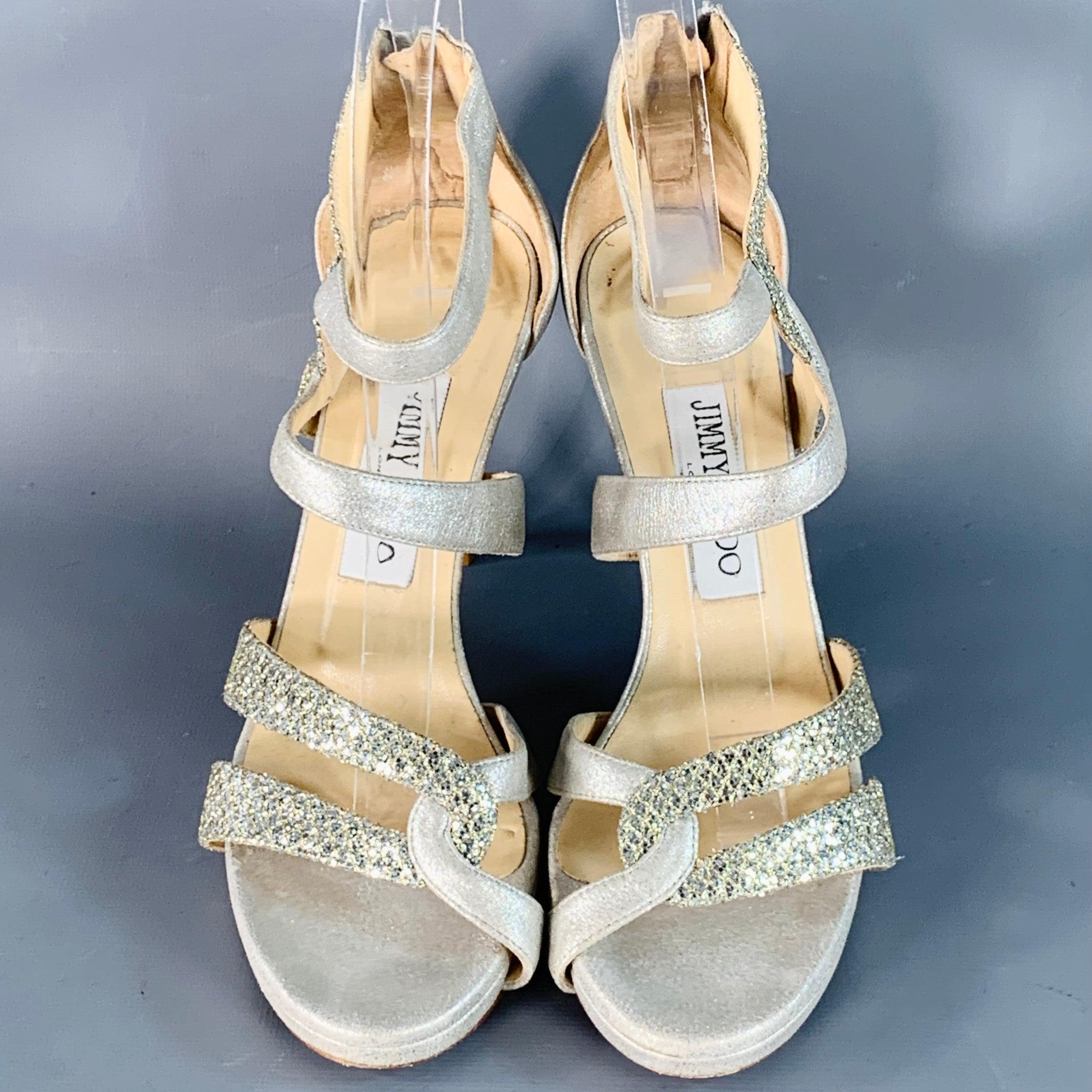 Jimmy Choo Size 6.5 Grey Silver Glittery Leather Platform Stiletto Sandals Bon état - En vente à San Francisco, CA