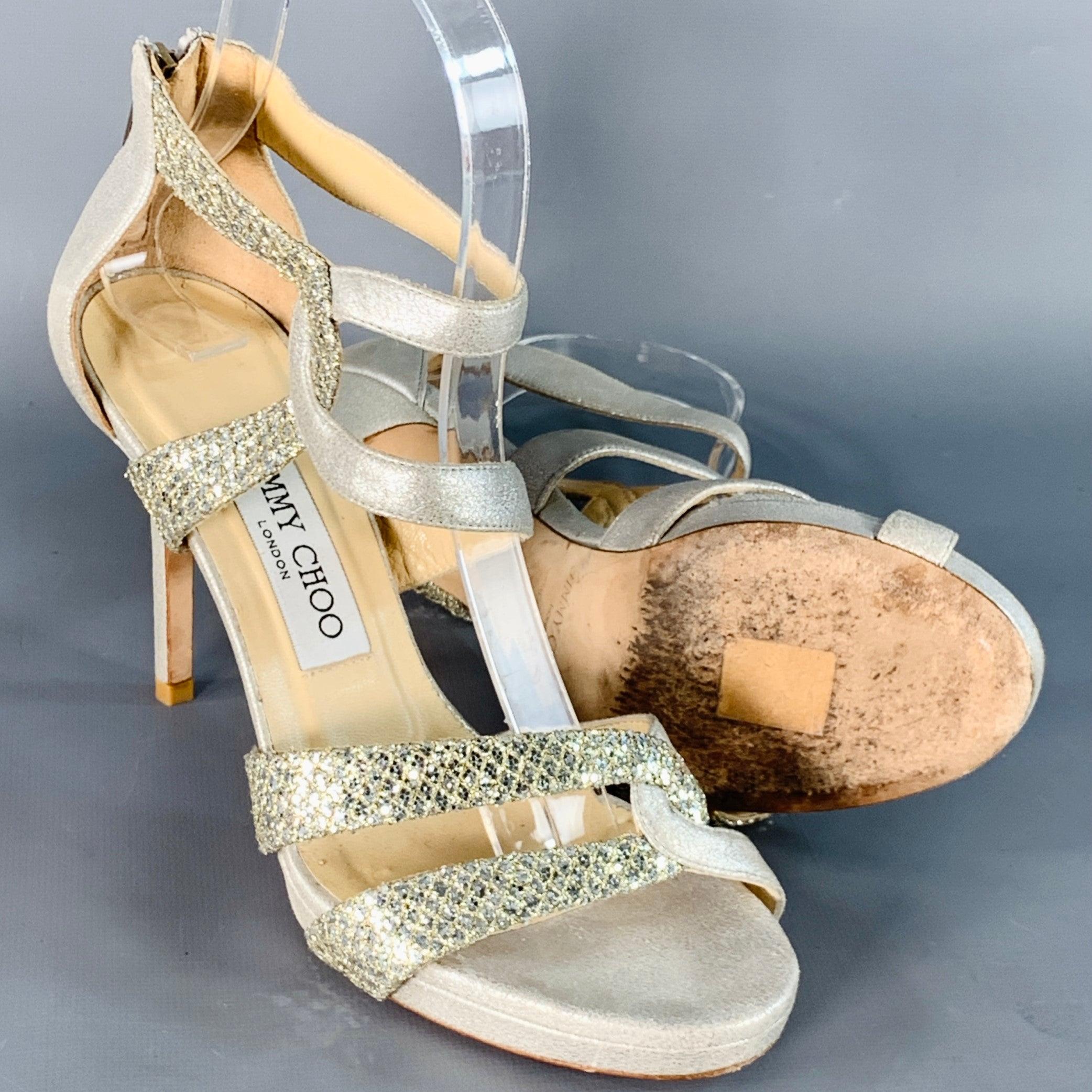 Jimmy Choo Size 6.5 Grey Silver Glittery Leather Platform Stiletto Sandals Pour femmes en vente