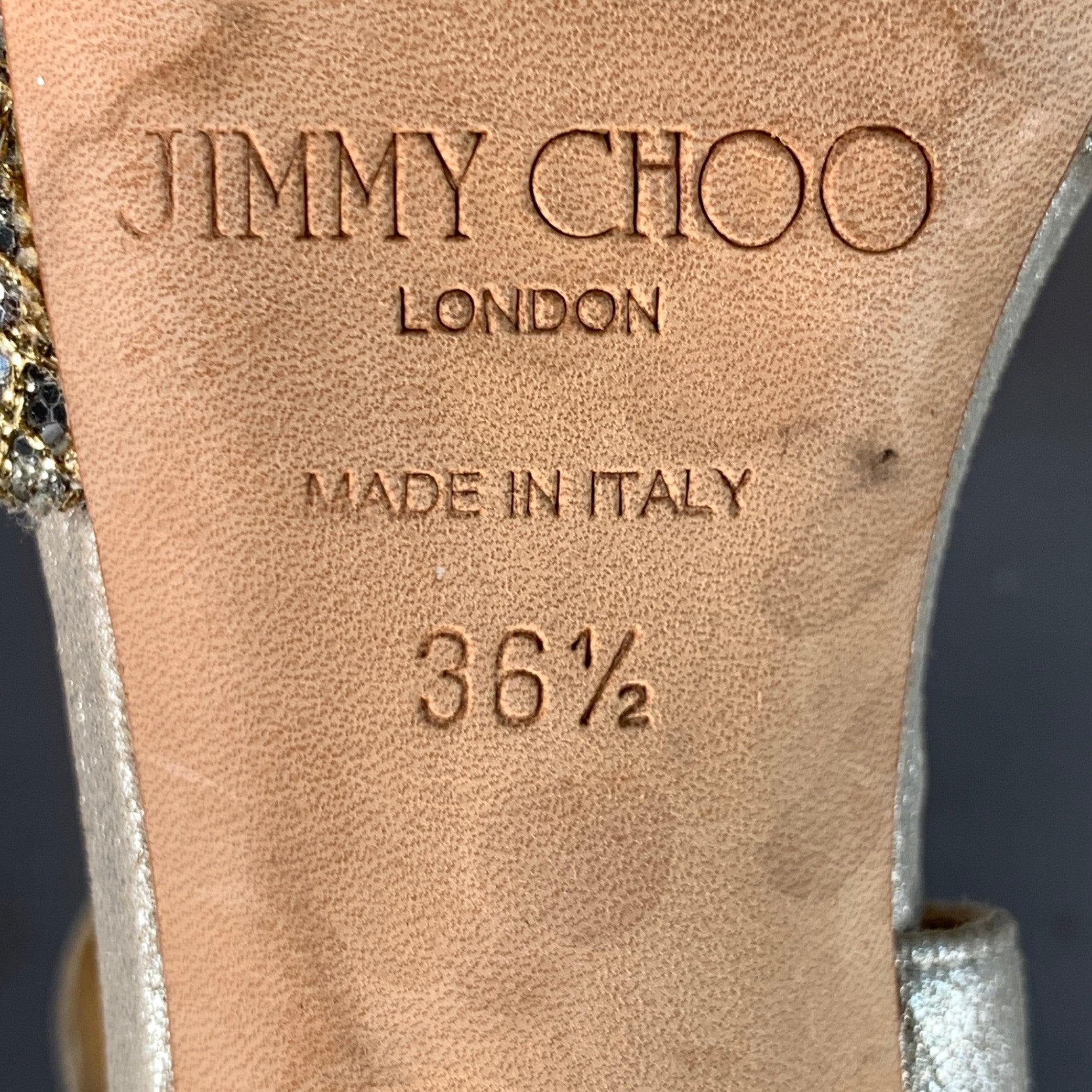 Jimmy Choo Size 6.5 Grey Silver Glittery Leather Platform Stiletto Sandals en vente 3