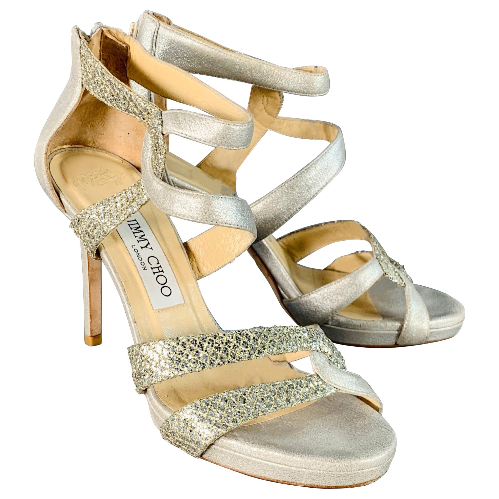 Jimmy Choo Size 6.5 Grey Silver Glittery Leather Platform Stiletto Sandals en vente