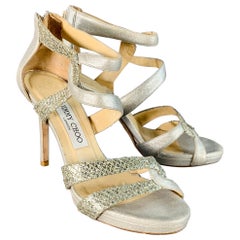 Jimmy Choo Size 6.5 Grey Silver Glittery Leather Platform Stiletto Sandals