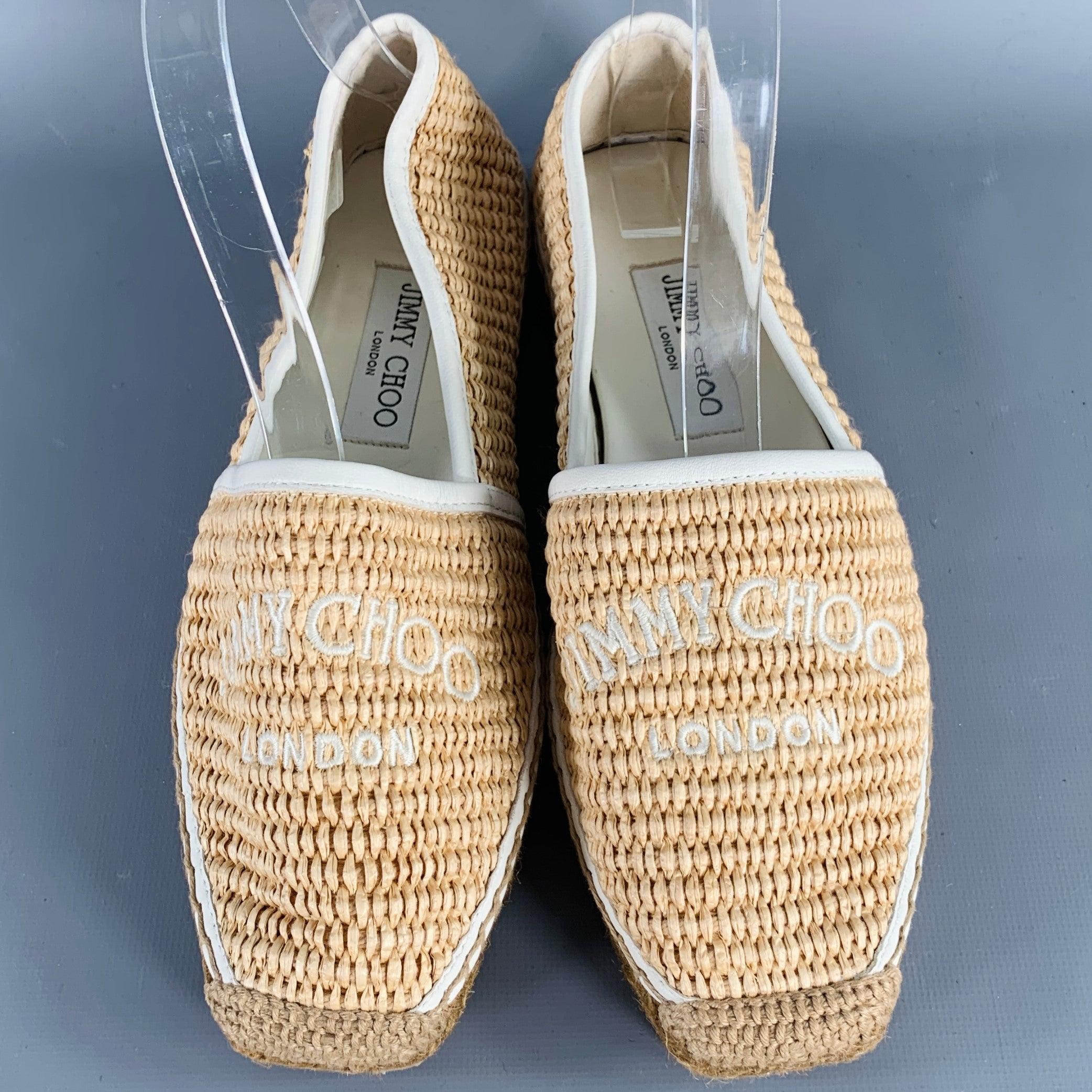 Donna JIMMY Choo Taglia 6,5 Bianco Naturale Paglia Tessuto Espadrille Appartamenti in vendita