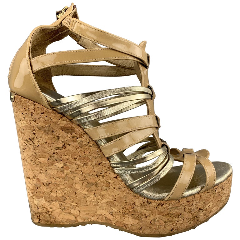 JIMMY CHOO Size 7 Beige and Silver Patent Leather Cork Wedge Platform  Sandals at 1stDibs