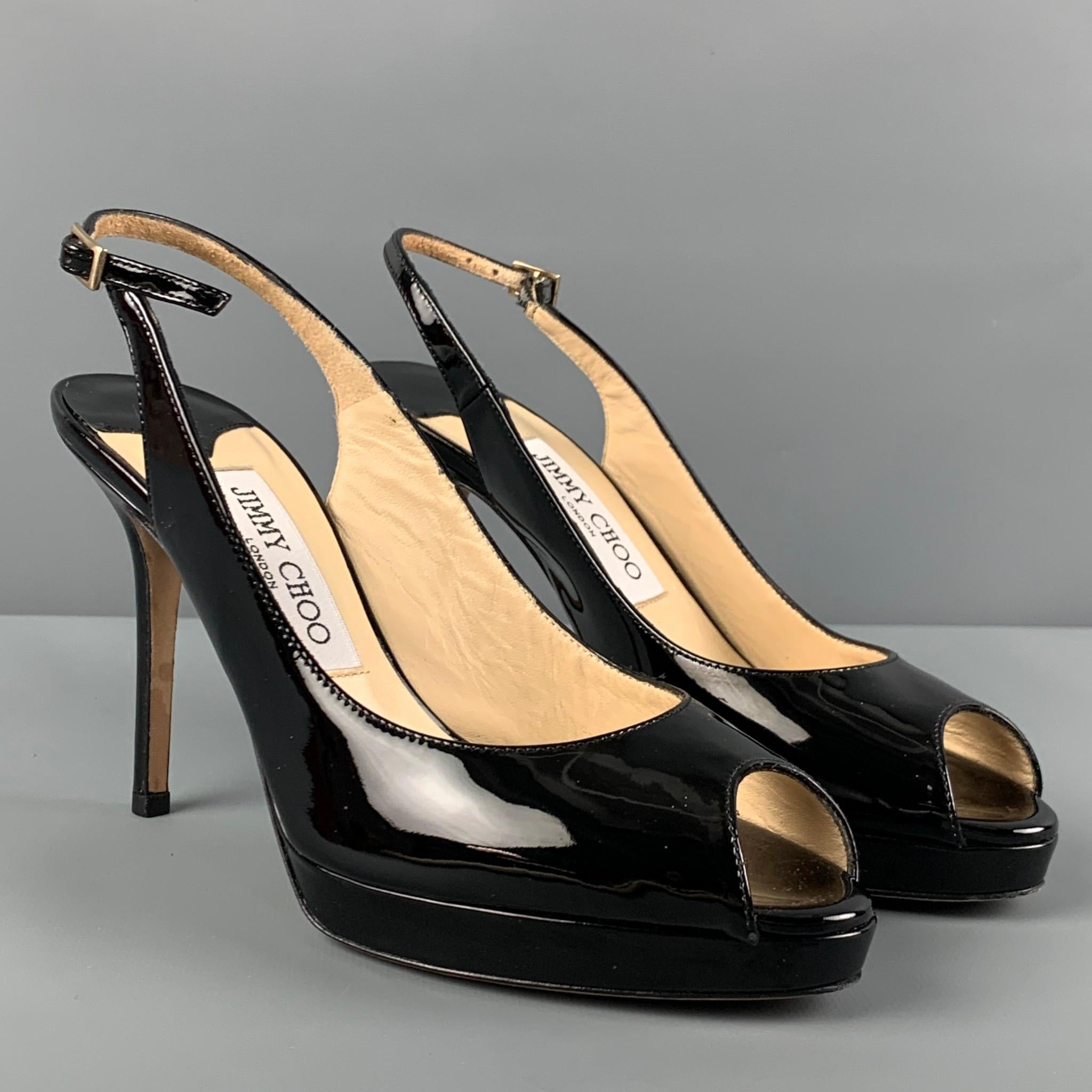 JIMMY CHOO 'Nova' pumps comes in a black patent leather featuring a peep toe, slingback closure, and a stiletto heel. Includes box. Made in Italy. 

Excellent Pre-Owned Condition.
Marked: 37
Original Retail Price: $650.00

Measurements:

Heel: 4