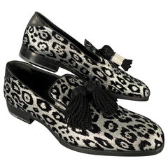 JIMMY CHOO Size 7 Silver Black Medusa Jacquard Tassels Loafers