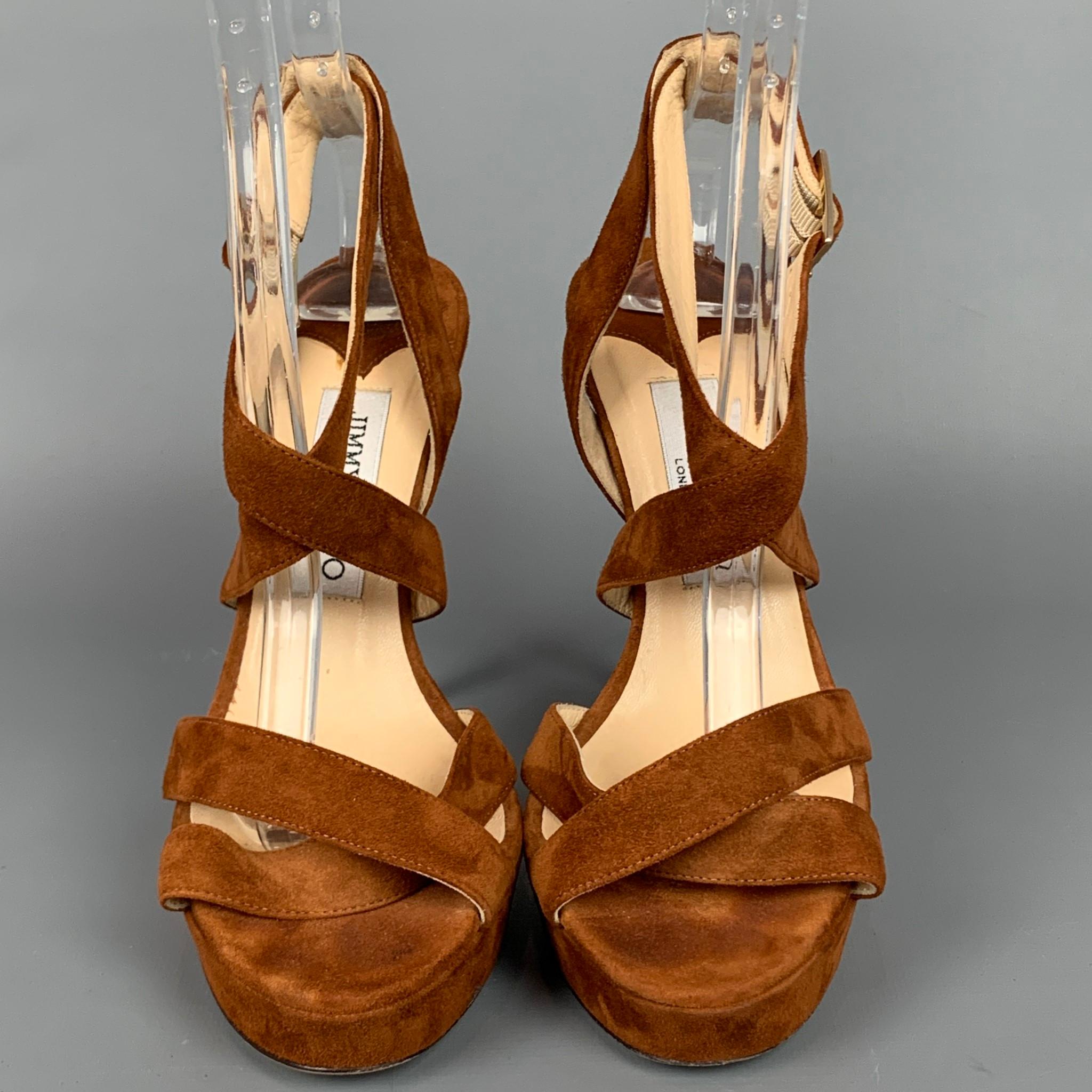 Brown JIMMY CHOO Size 7 Tan Suede Strappy Platform Sandals