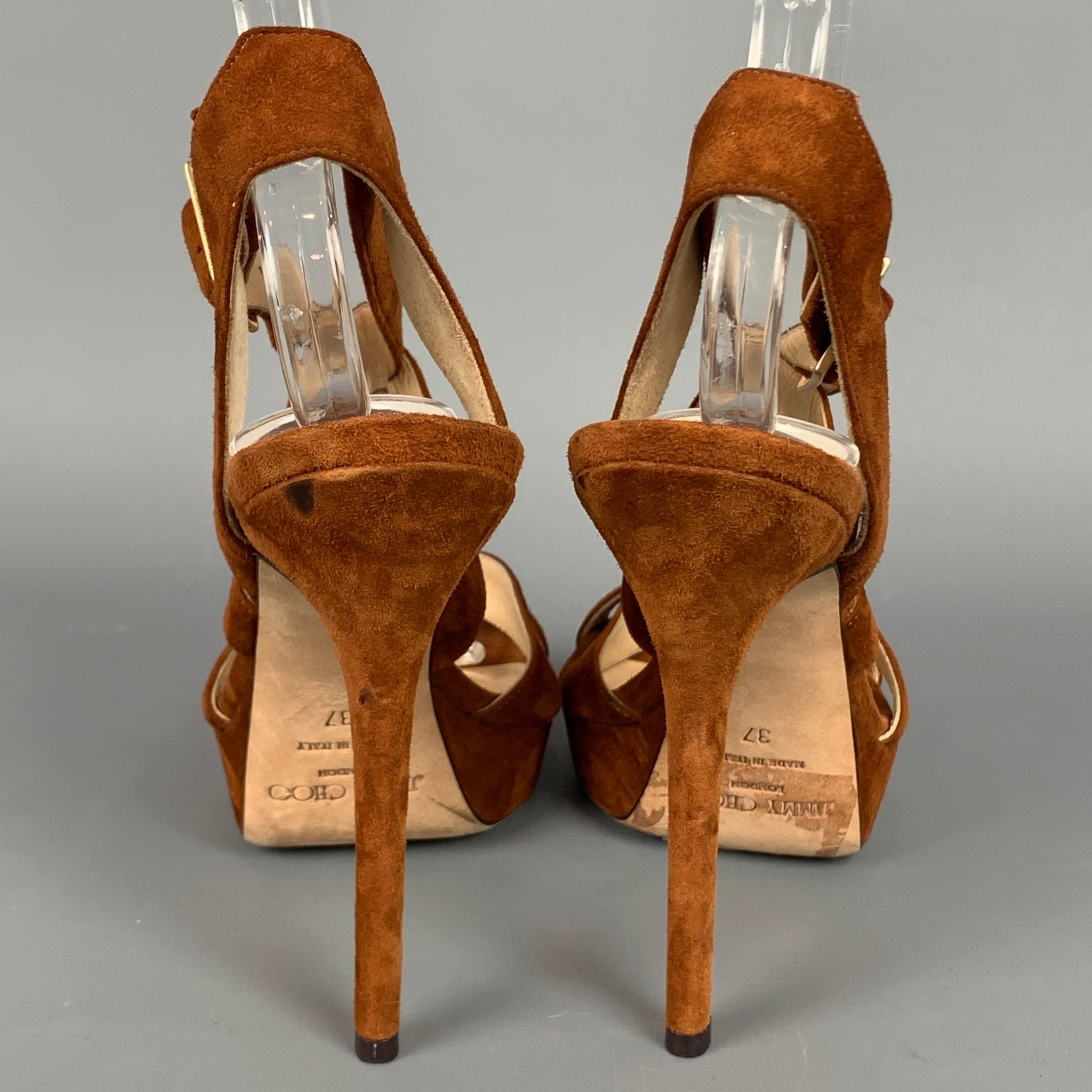 JIMMY CHOO Size 7 Tan Suede Strappy Platform Sandals In Good Condition In San Francisco, CA