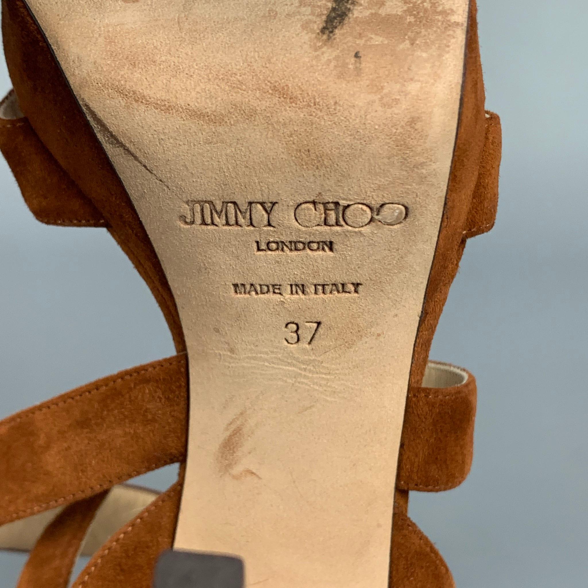 JIMMY CHOO Size 7 Tan Suede Strappy Platform Sandals 1
