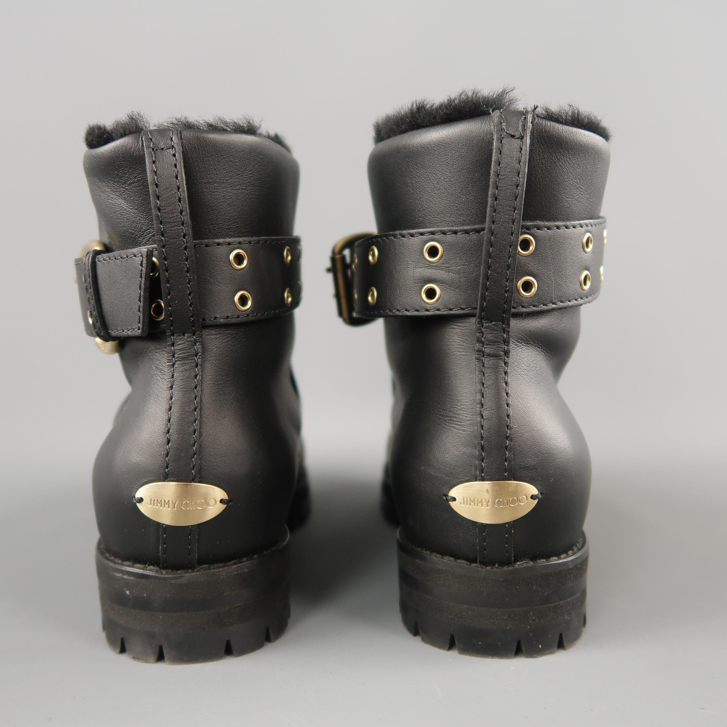 JIMMY CHOO Size 7.5 Black Leather Apron Toe Fur Lined Boots In Excellent Condition In San Francisco, CA