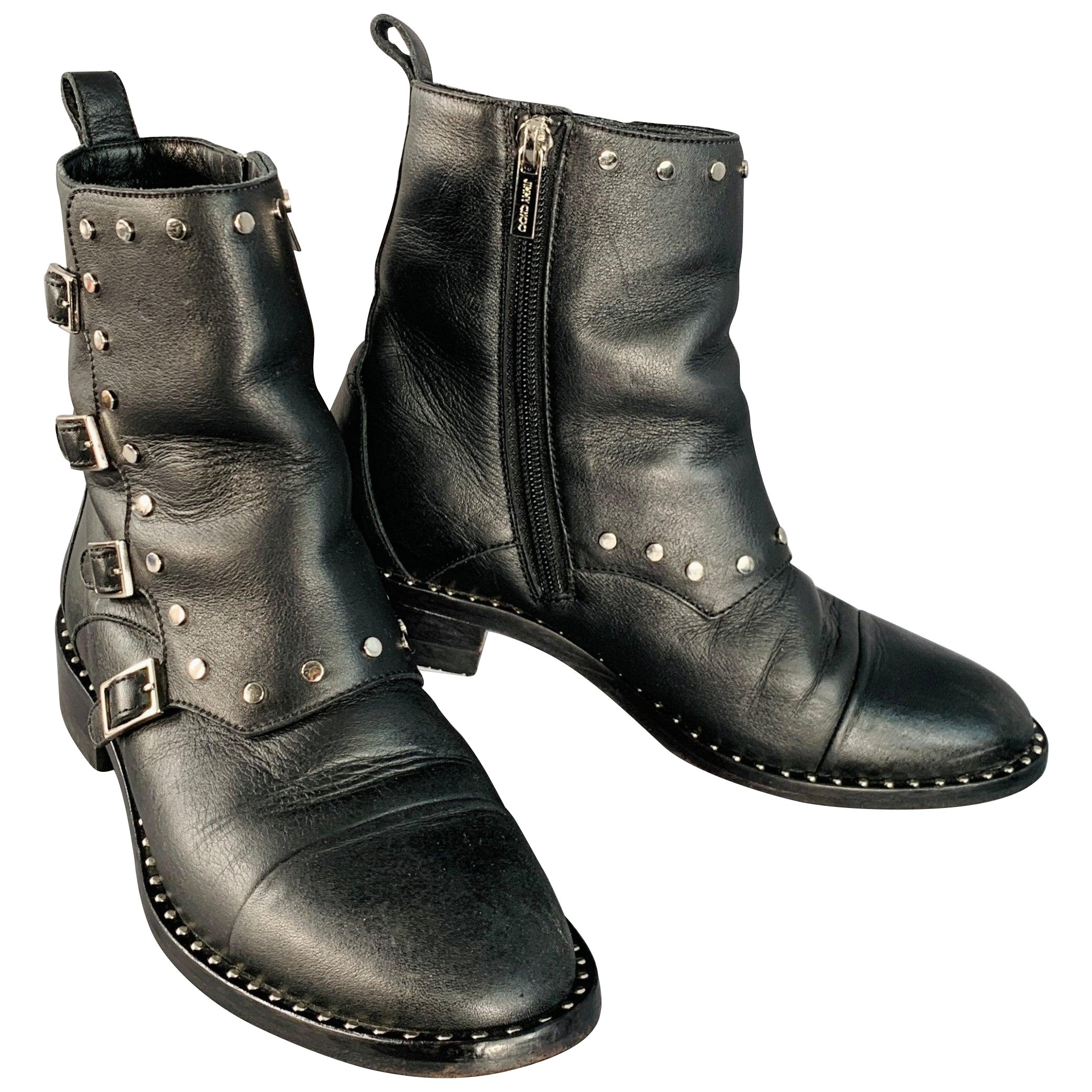 JIMMY CHOO Taille 7.5 Bottes en cuir noir clouté avec ceinture et fermeture à glissière latérale