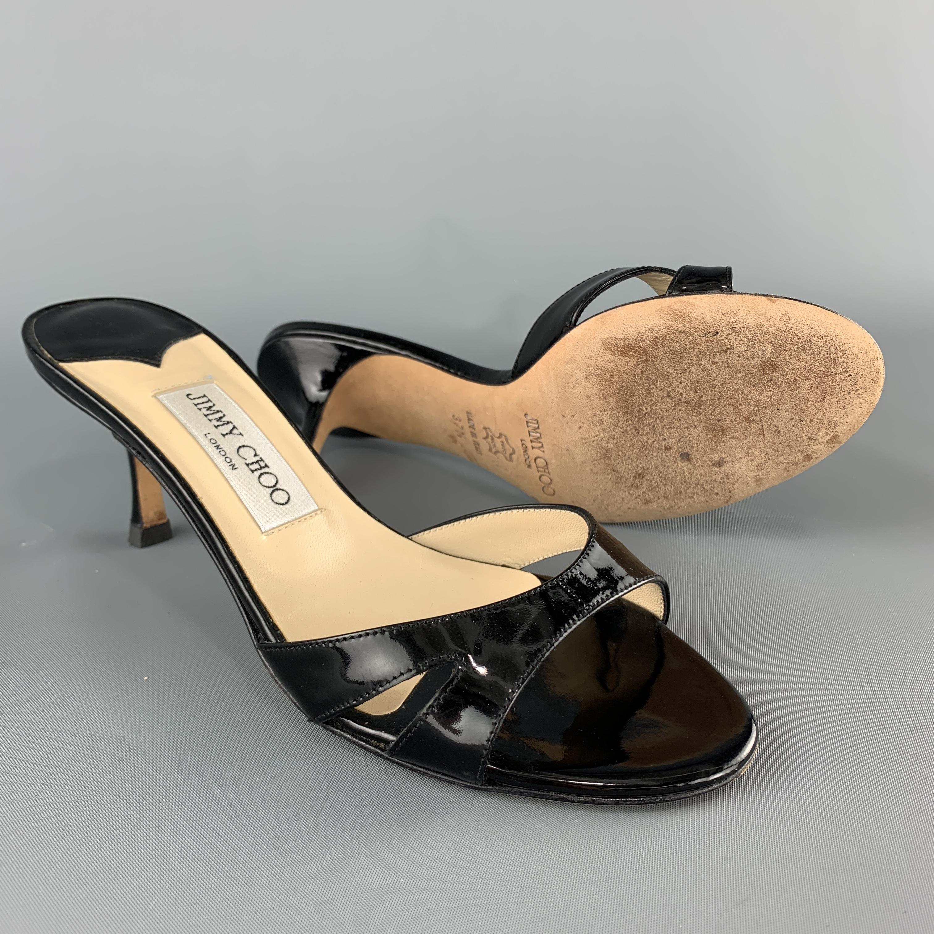 JIMMY CHOO Size 7.5 Black Patent Leather Cutout Mule Sandals In Excellent Condition In San Francisco, CA