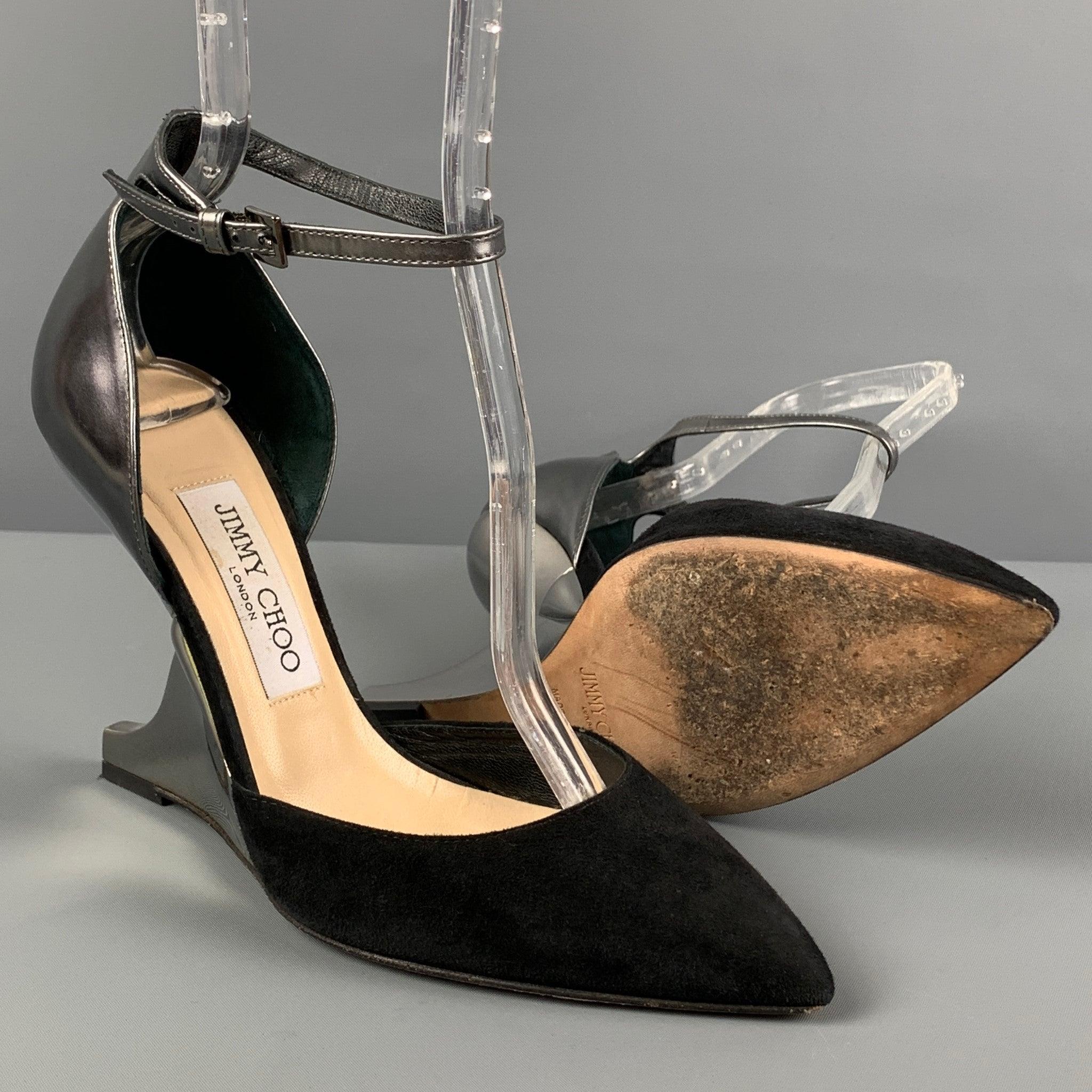 JIMMY CHOO Size 7.5 Black Silver Ankle Strap Pumps In Good Condition For Sale In San Francisco, CA