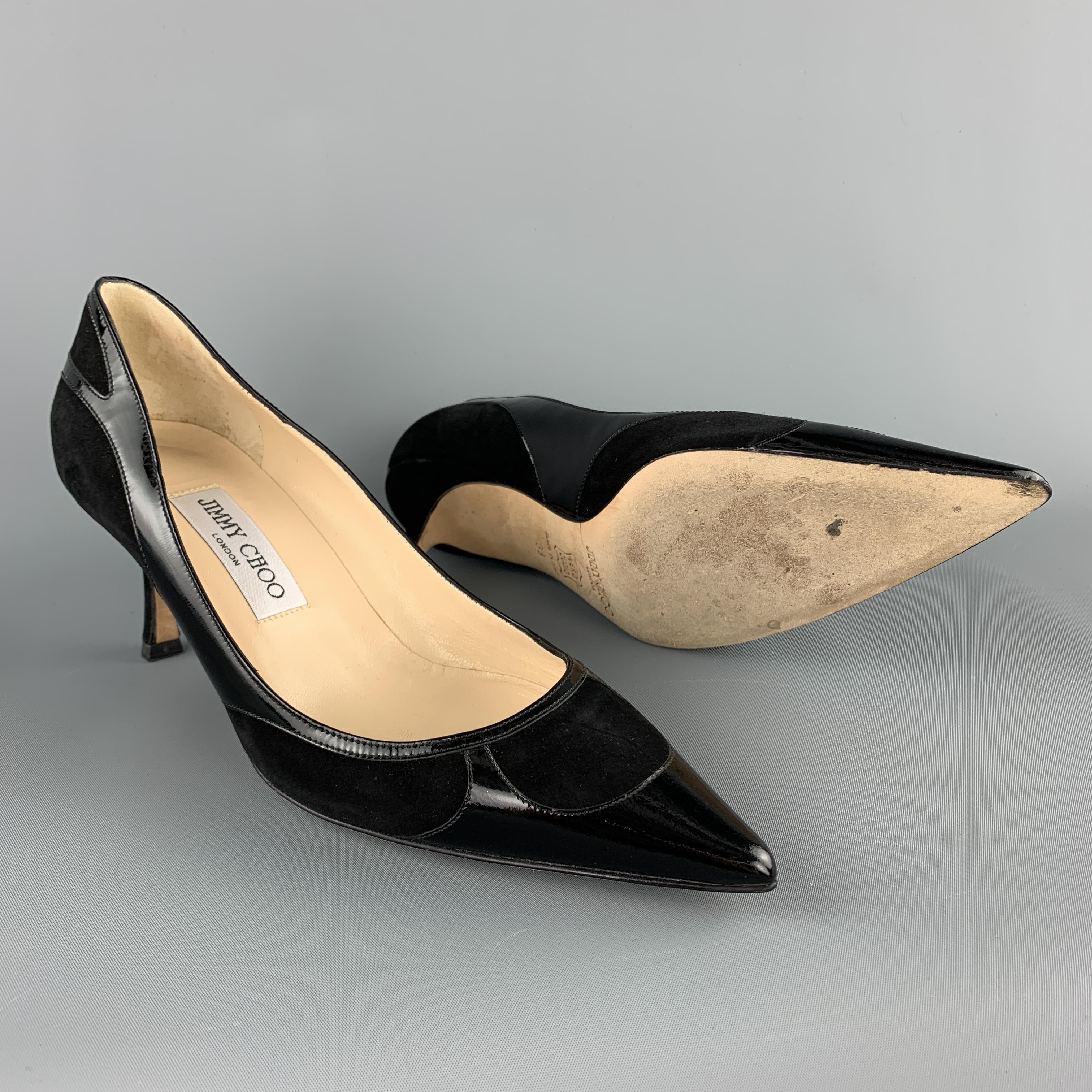 JIMMY CHOO Size 8 Black Suede Patent Panel Pumps In Excellent Condition In San Francisco, CA