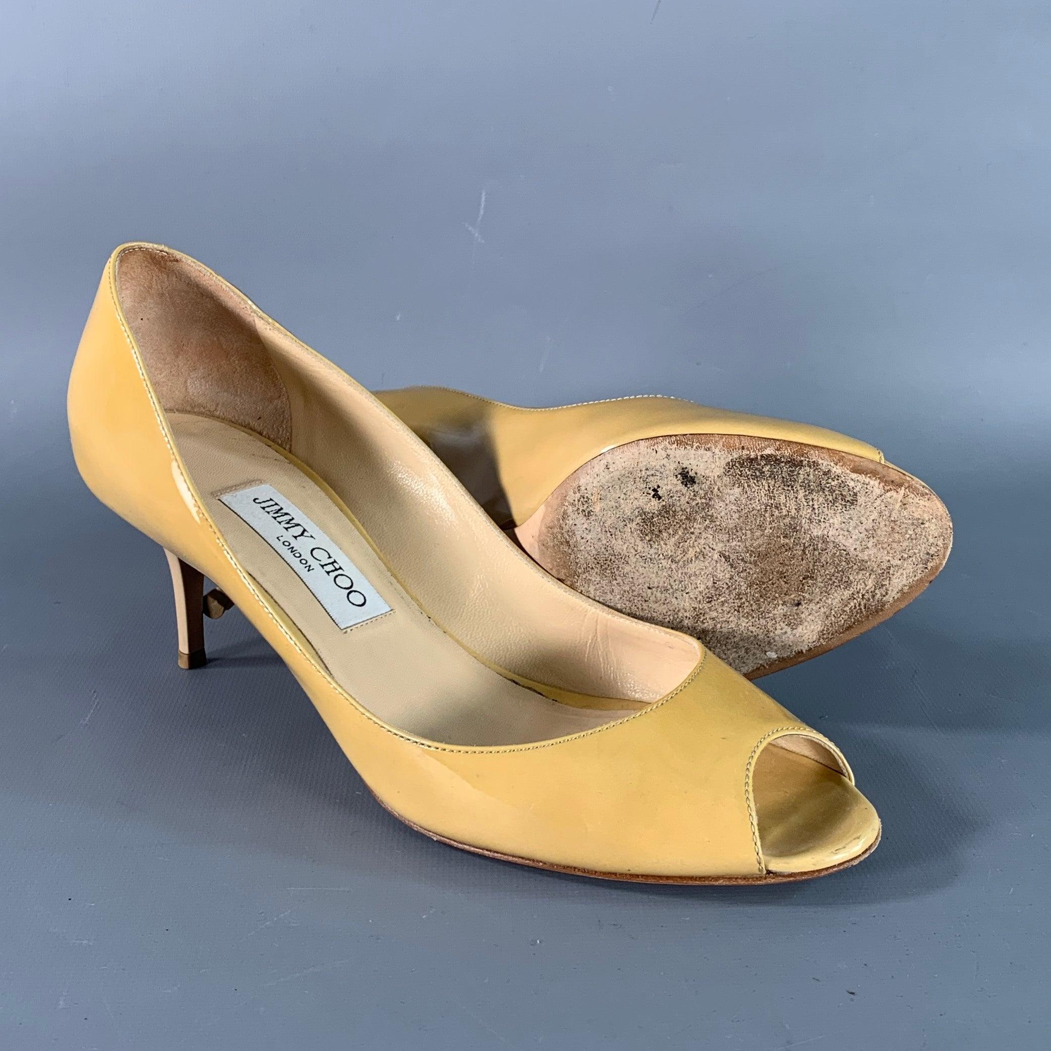 JIMMY CHOO Size 8 Tan Patent Leather Peep Toe Pumps For Sale 1