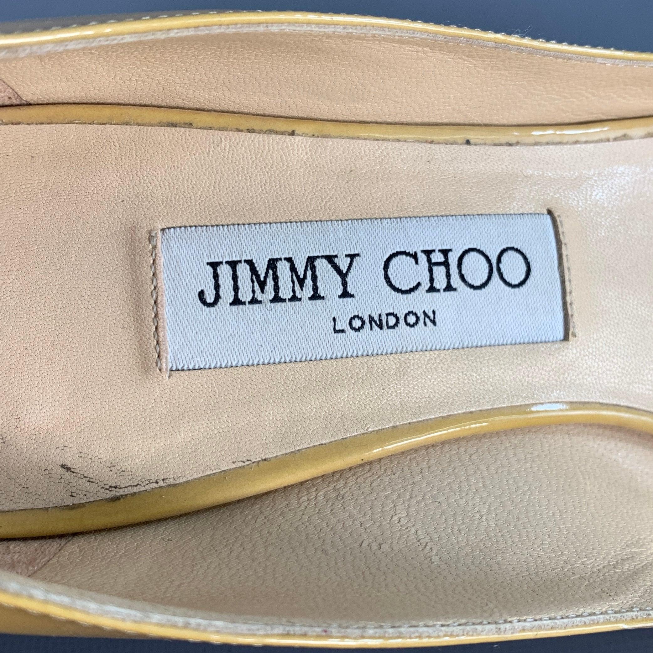 JIMMY CHOO Size 8 Tan Patent Leather Peep Toe Pumps For Sale 3