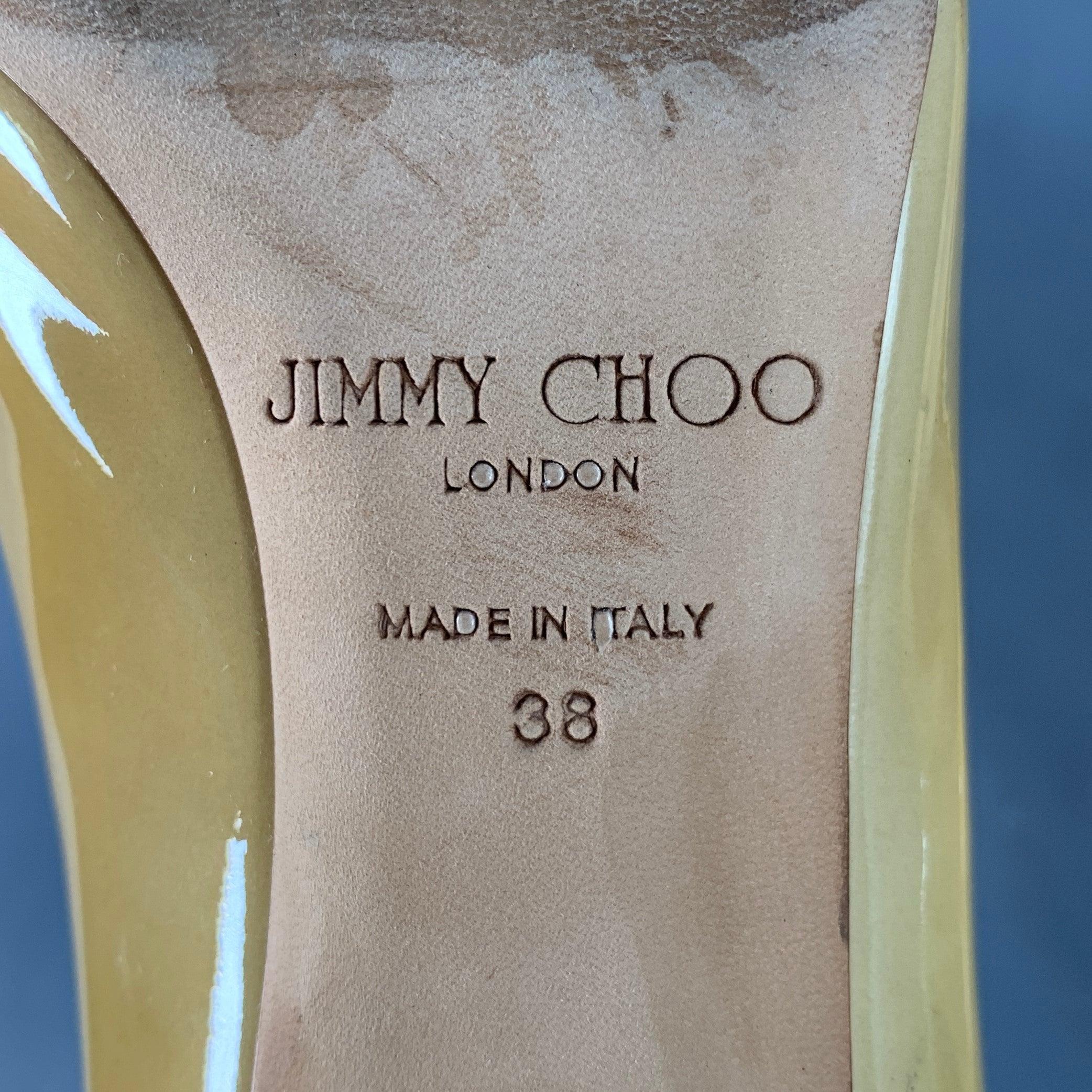 JIMMY CHOO Size 8 Tan Patent Leather Peep Toe Pumps For Sale 4