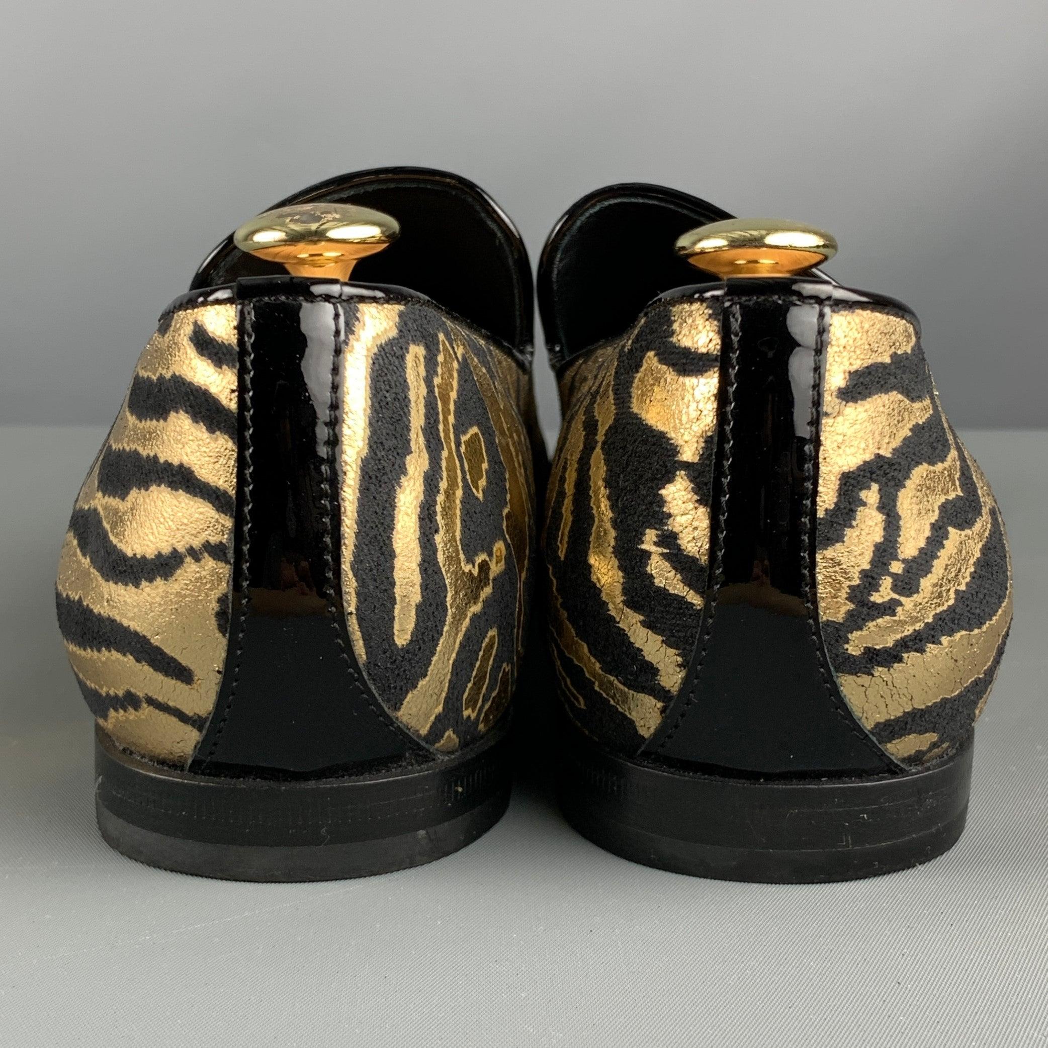 JIMMY CHOO Size 9 Black Gold Animal Print Jacquard Slip On Loafers In Good Condition For Sale In San Francisco, CA