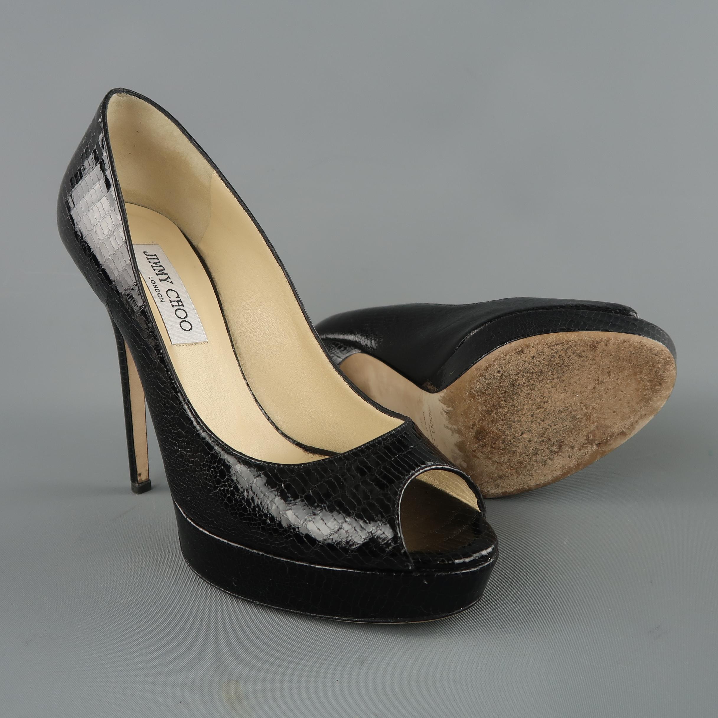 JIMMY CHOO Size 9 Black Lizard Leather Peep Toe Platform Pumps In Excellent Condition In San Francisco, CA