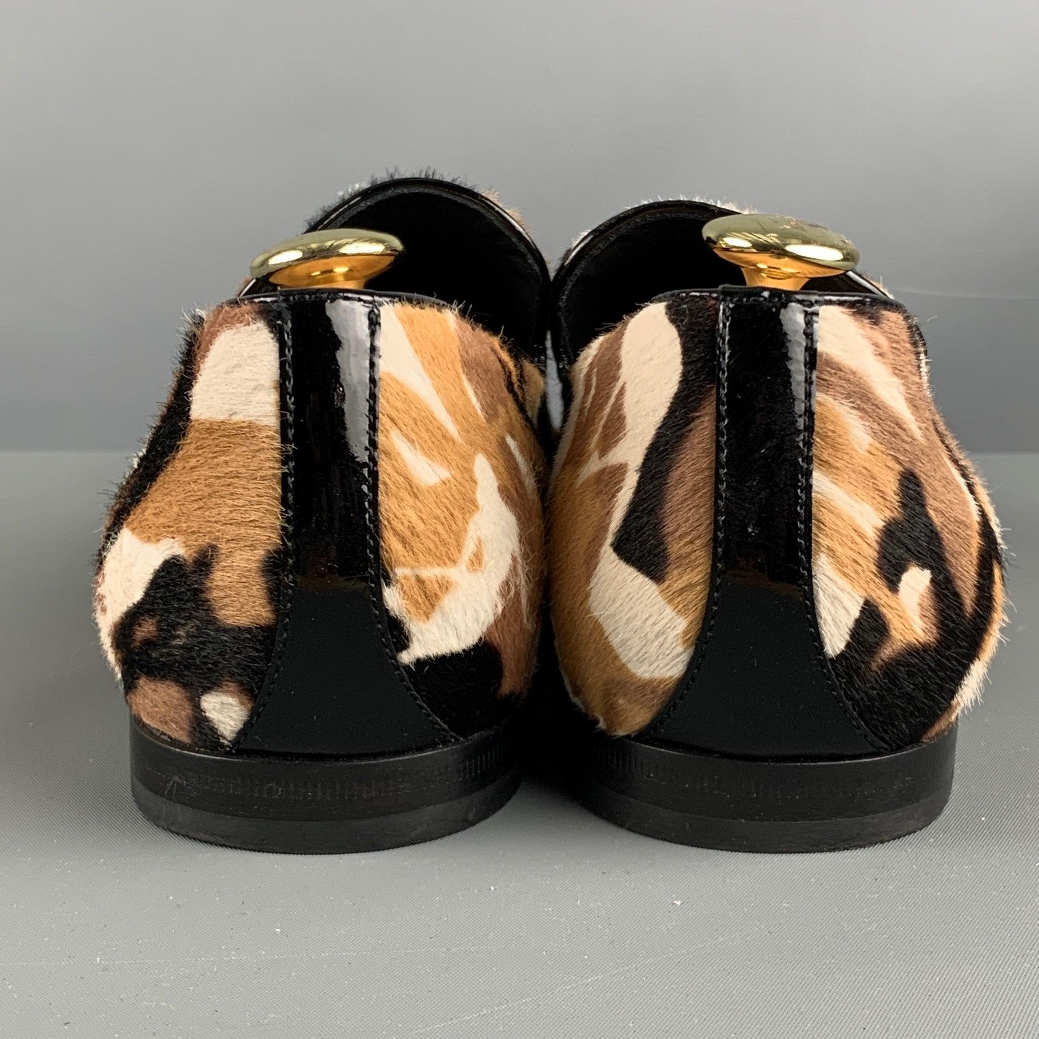 JIMMY CHOO Size 9 Brown Black & White Animal Print Leather Slip On Loafers In Good Condition In San Francisco, CA