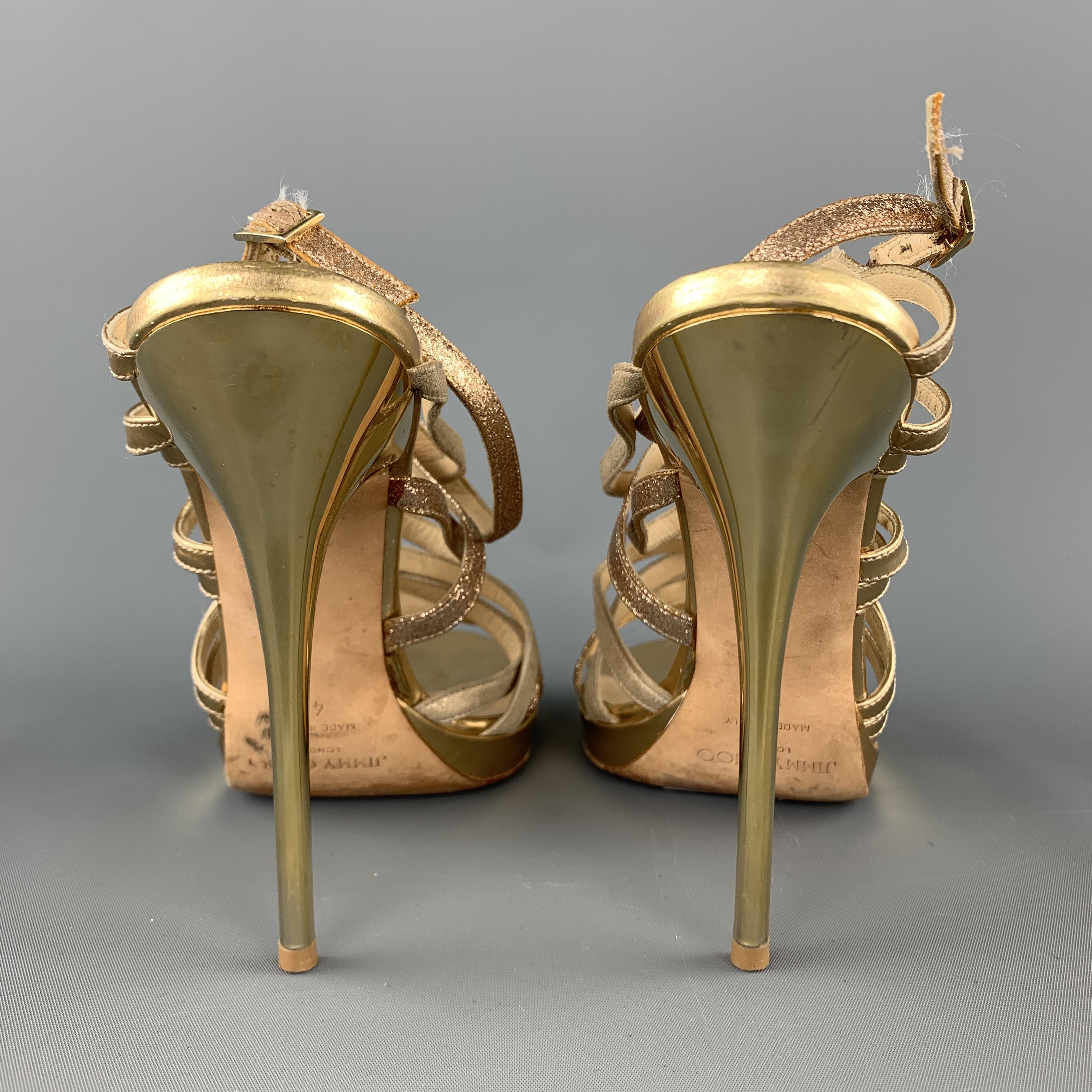 JIMMY CHOO Size 9 Gold Sparkle Leather Strappy Metal Heel Sandals In Good Condition In San Francisco, CA