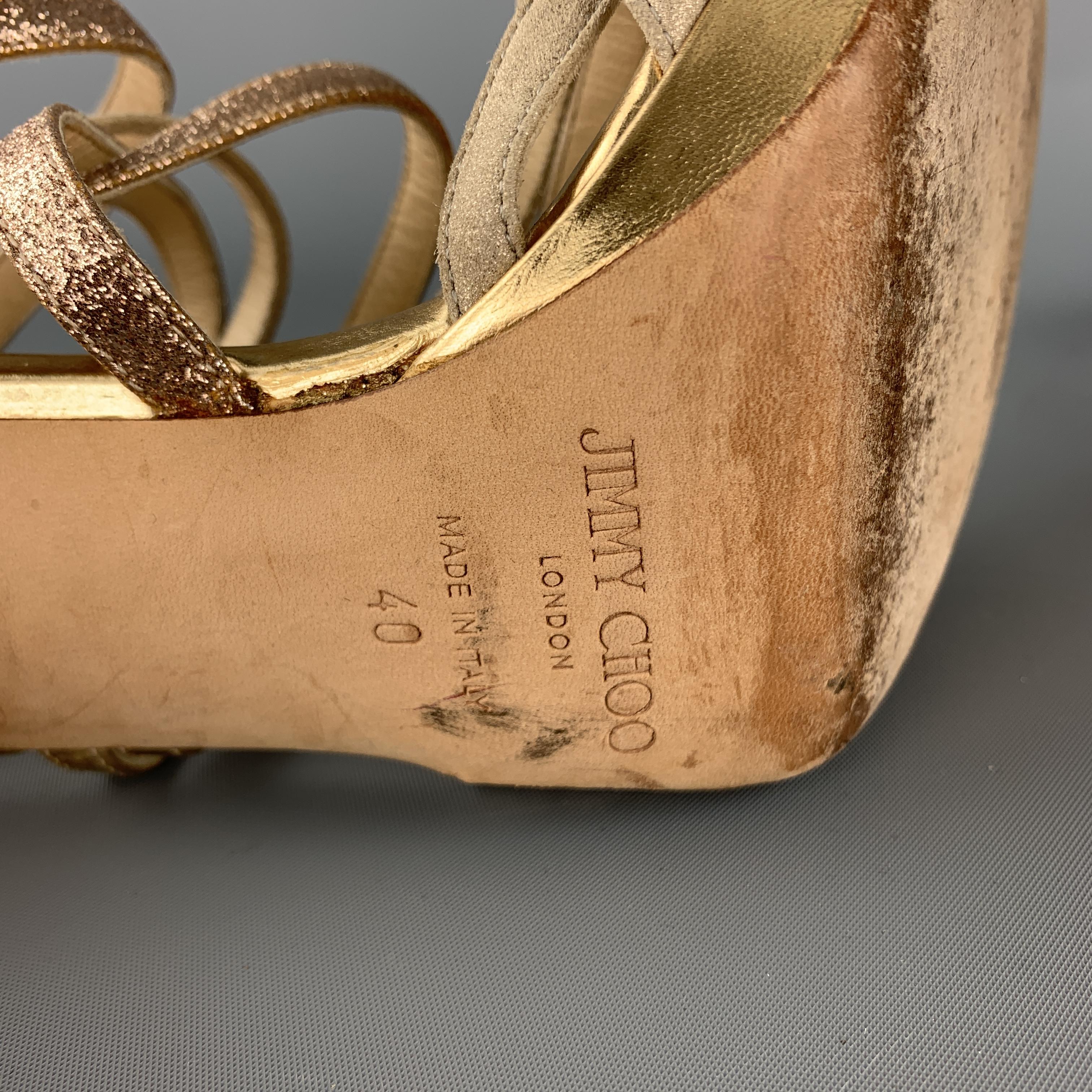Women's JIMMY CHOO Size 9 Gold Sparkle Leather Strappy Metal Heel Sandals