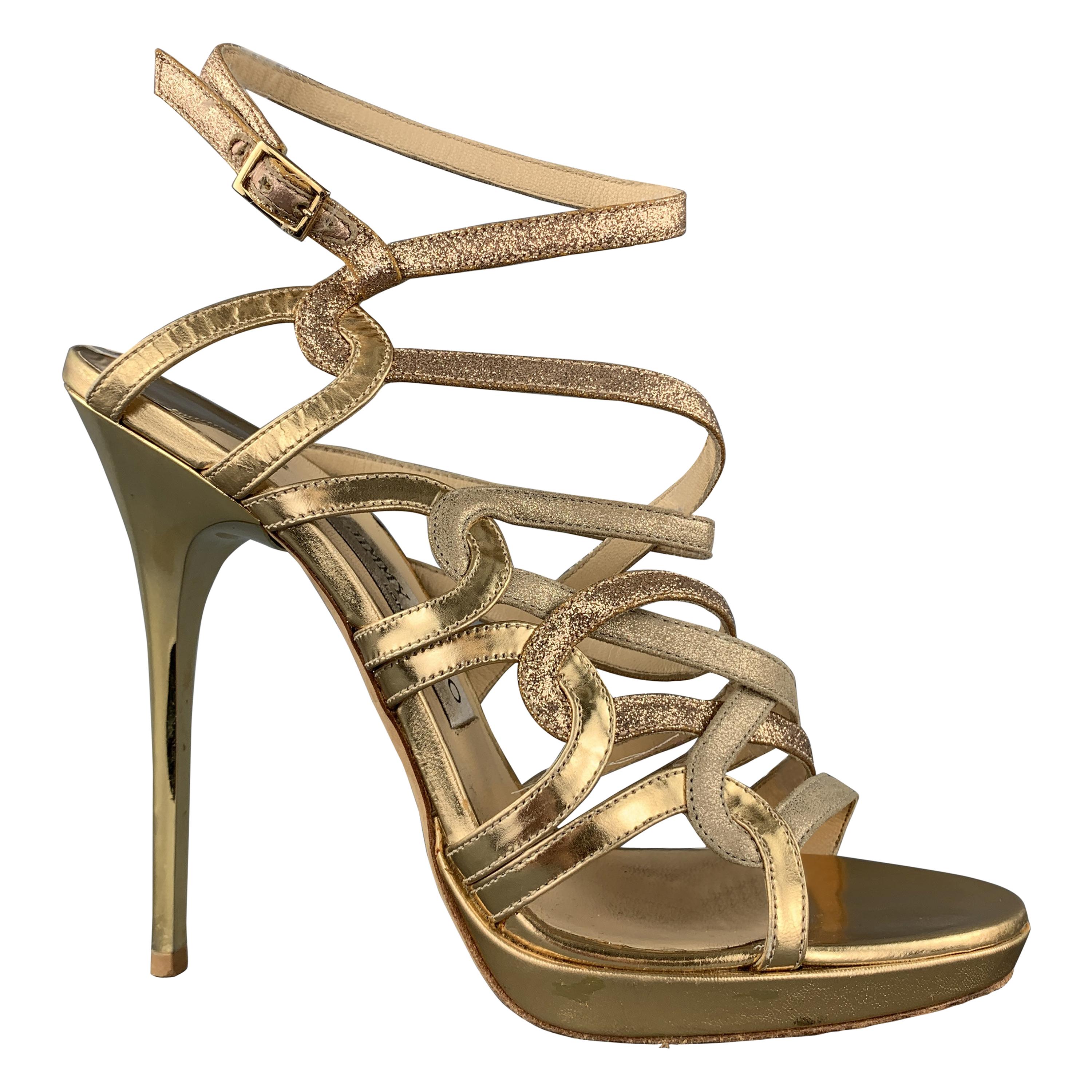 JIMMY CHOO Size 9 Gold Sparkle Leather Strappy Metal Heel Sandals at ...