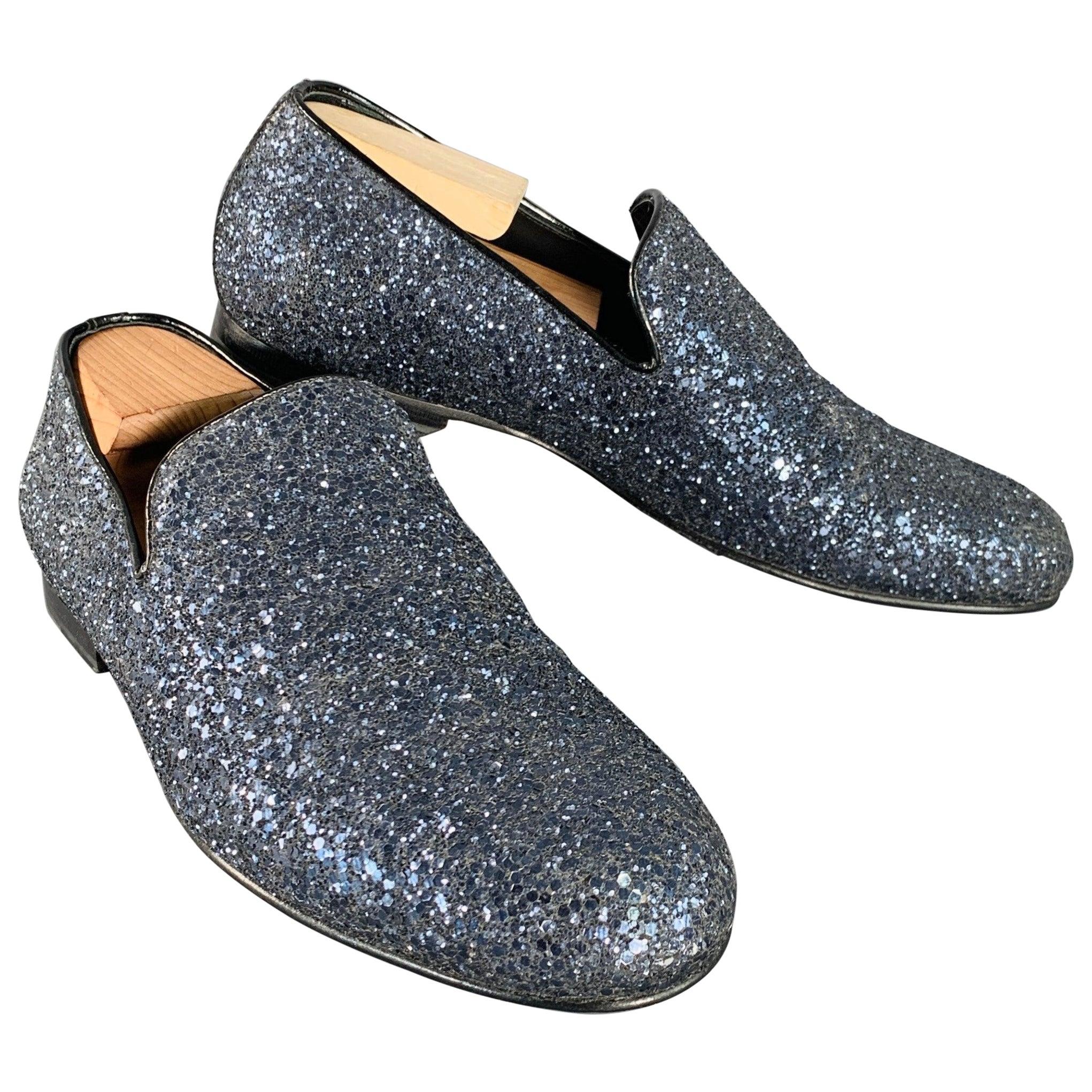 JIMMY CHOO Size 9 Thame Grey Black Glitter Leather Slip On Loafers
