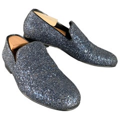 JIMMY CHOO Size 9 Thame Grey Black Glitter Leather Slip On Loafers