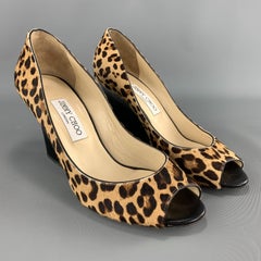JIMMY CHOO Size 9.5 Leopard Ponyhair Black Patent Peep Toe Wedges