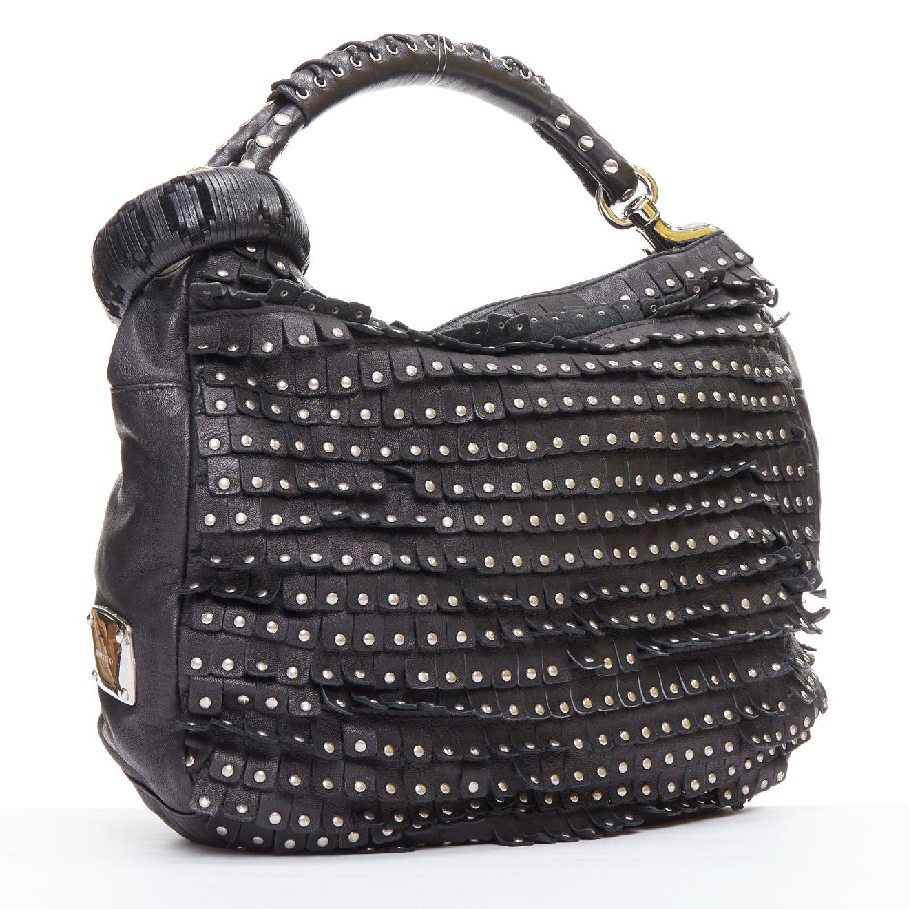 Black JIMMY CHOO Sky black studded suede fringe cuff strap hobo bag