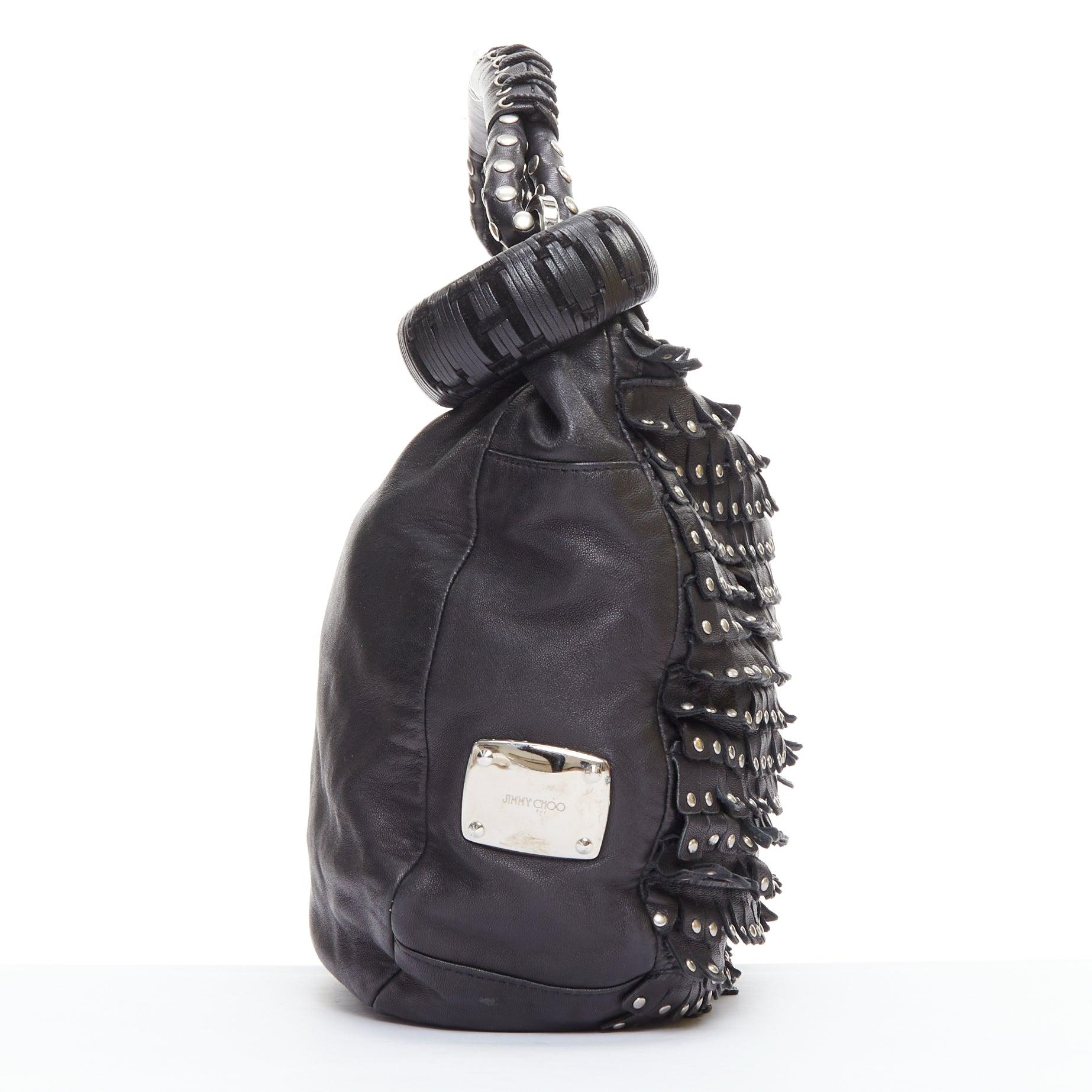 JIMMY CHOO Sky black studded suede fringe cuff strap hobo bag In Good Condition In Hong Kong, NT
