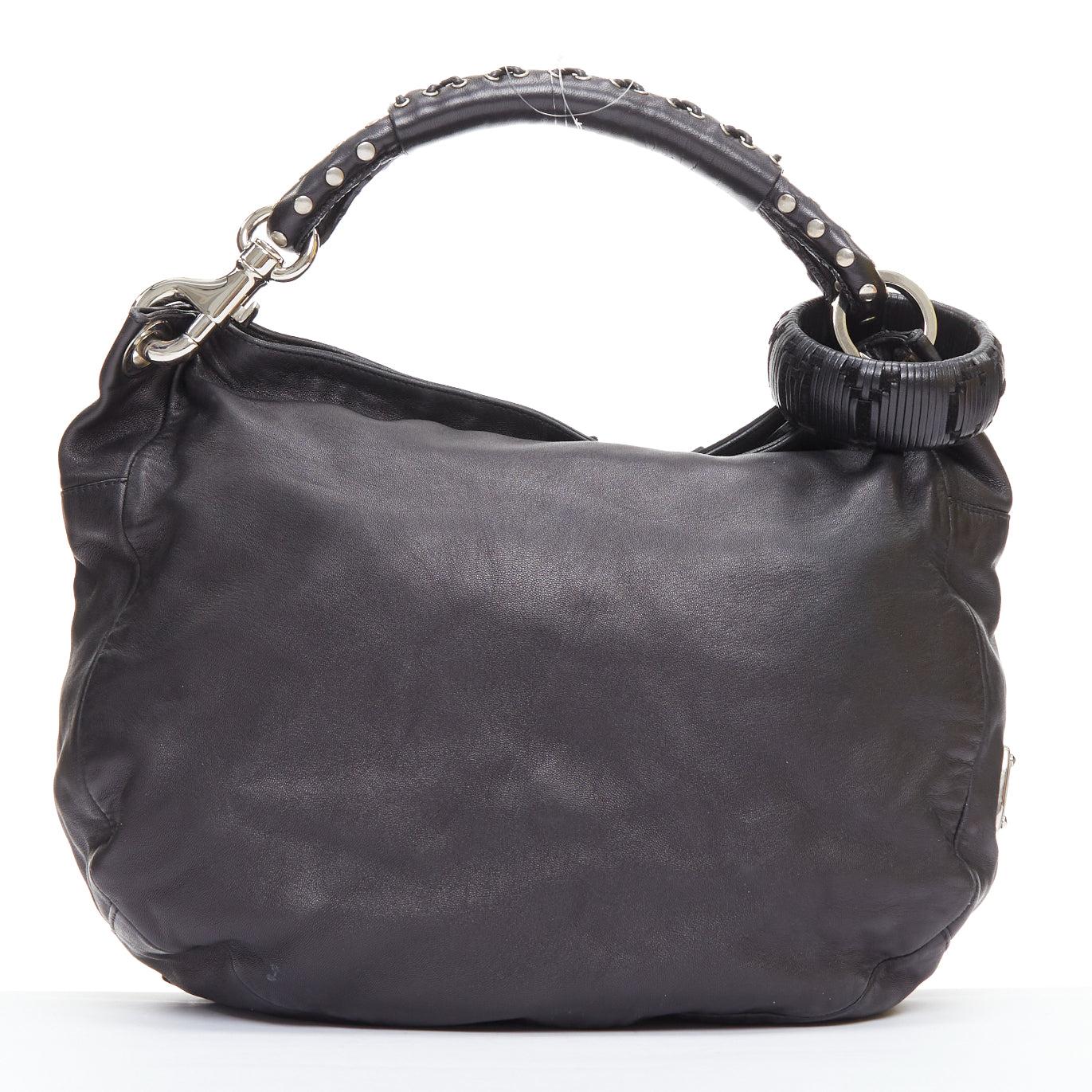 Women's JIMMY CHOO Sky black studded suede fringe cuff strap hobo bag